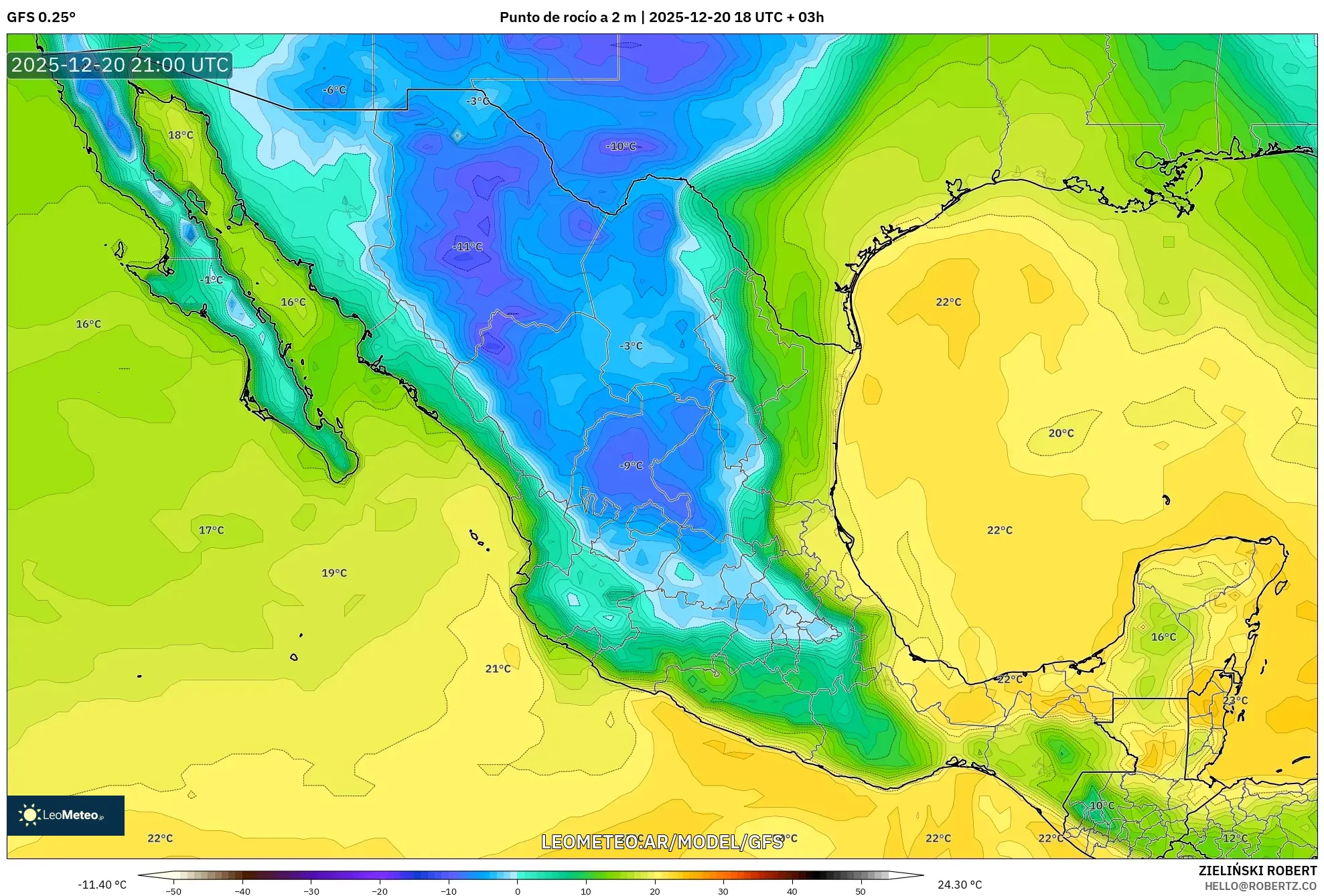 GFS model - México, Punto de rocío a 2 m