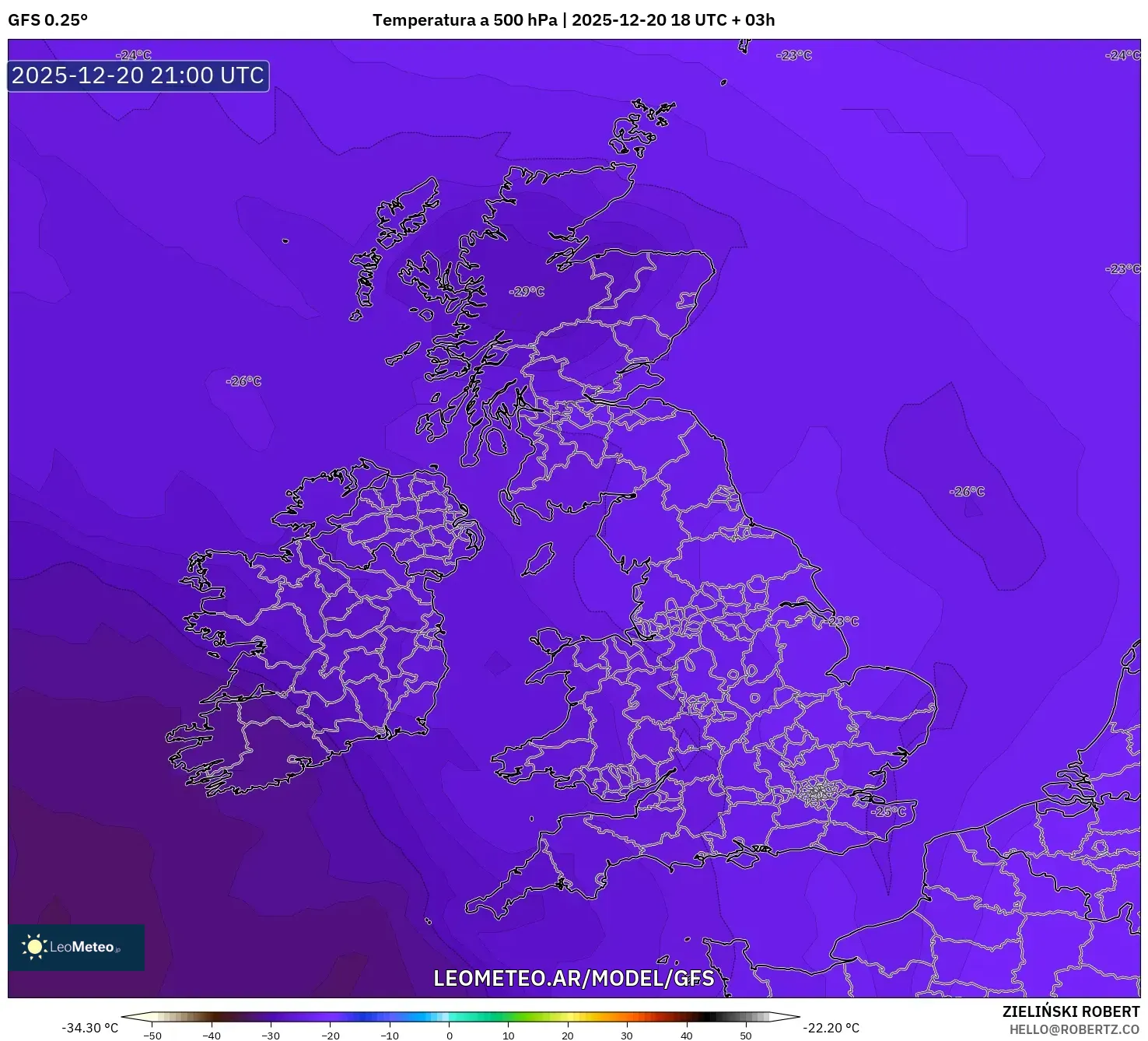 GFS model - Reino Unido, Temperatura a 500 hPa