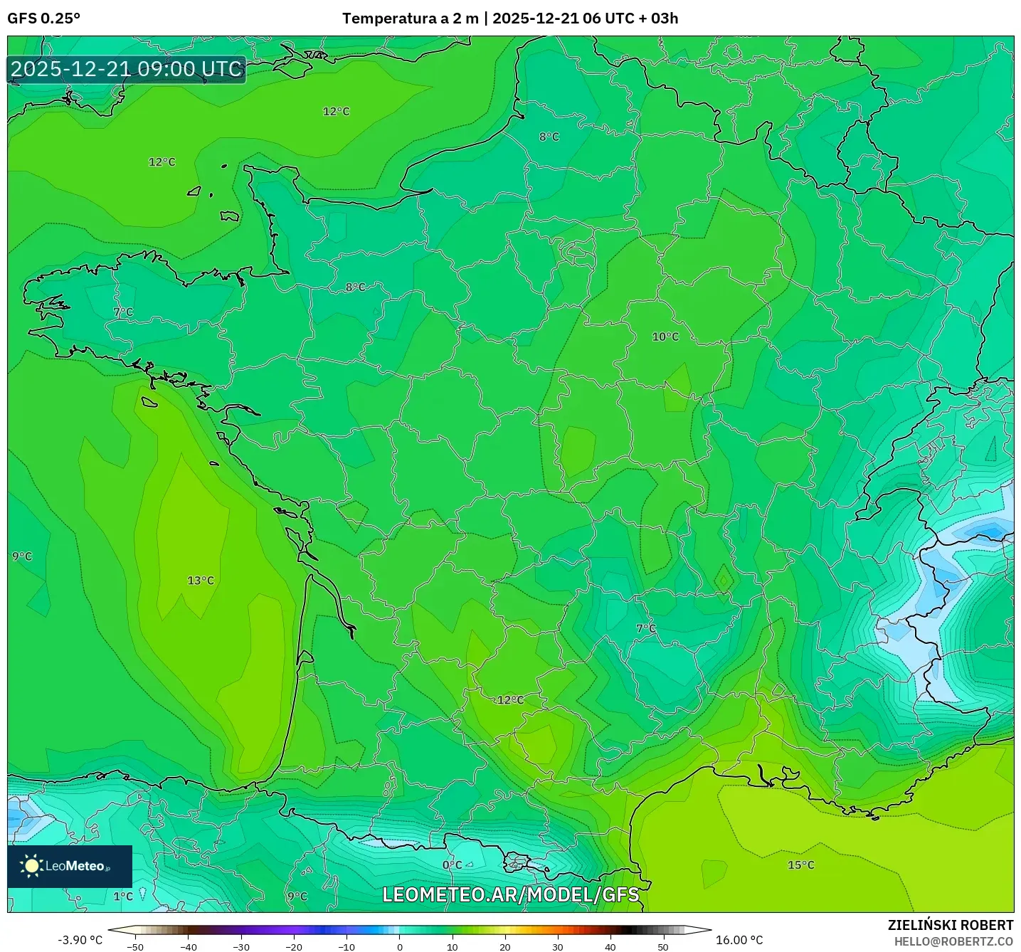 GFS model - Francia, Temperatura a 2 m