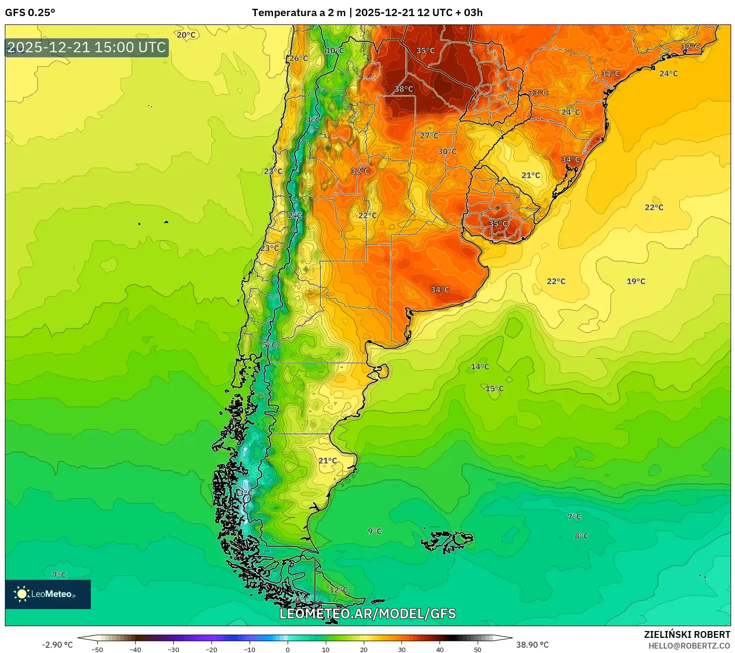 GFS model - Argentina, Temperatura a 2 m
