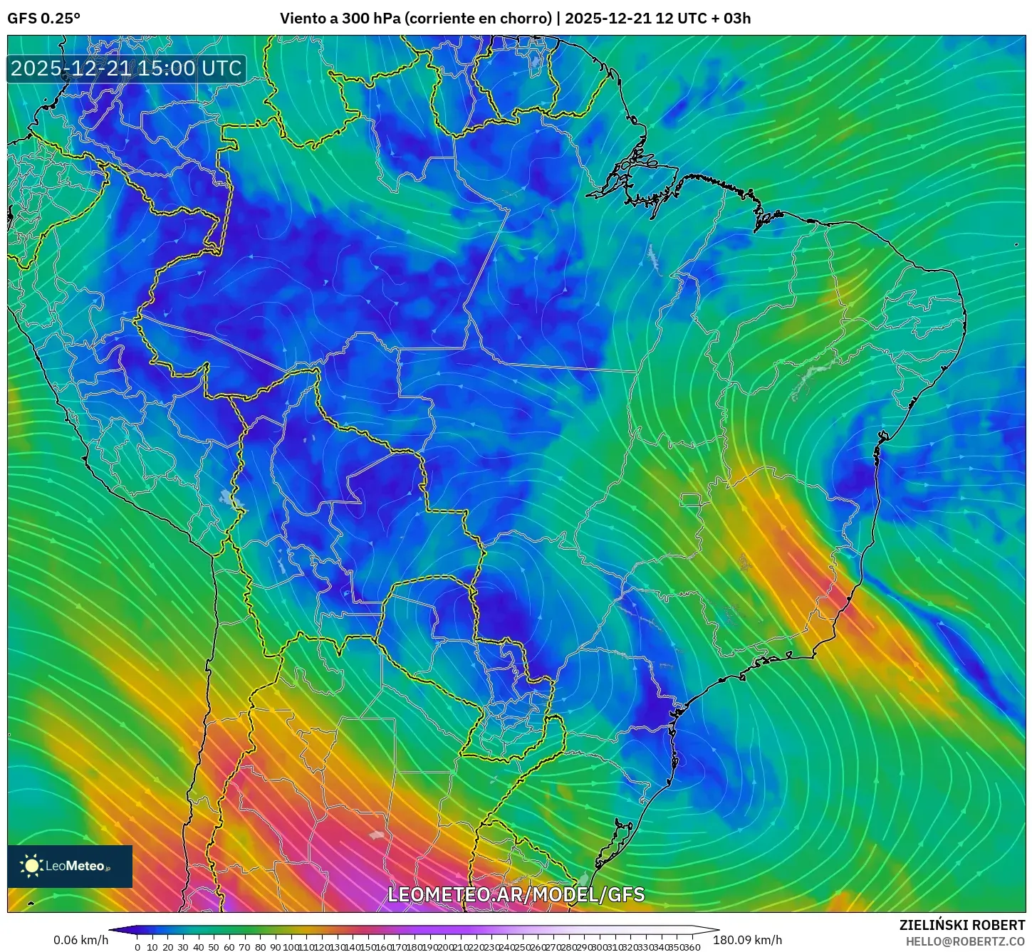 GFS model - Brasil, Viento a 300 hPa (corriente en chorro)