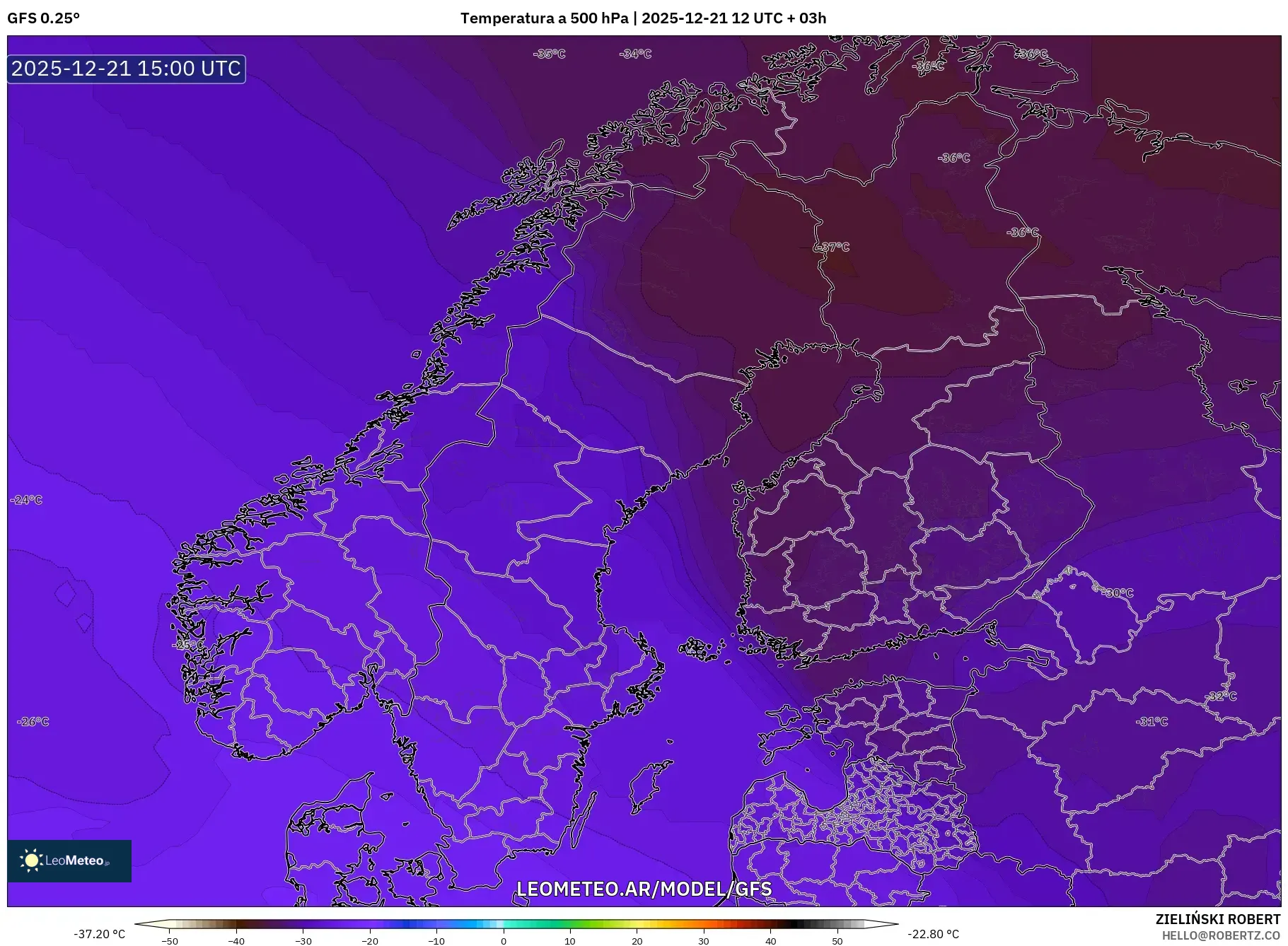 GFS model - Escandinavia, Temperatura a 500 hPa