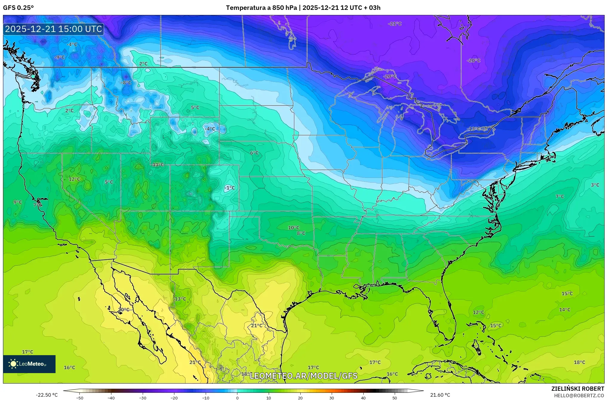 GFS model - Estados Unidos, Temperatura a 850 hPa