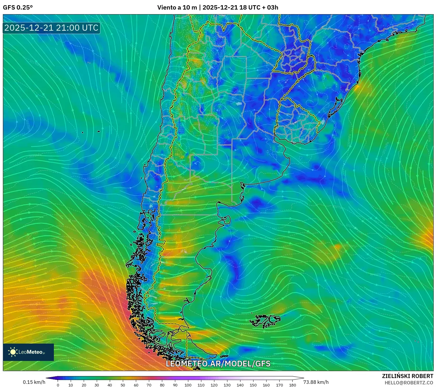 GFS model - Argentina, Viento a 10 m