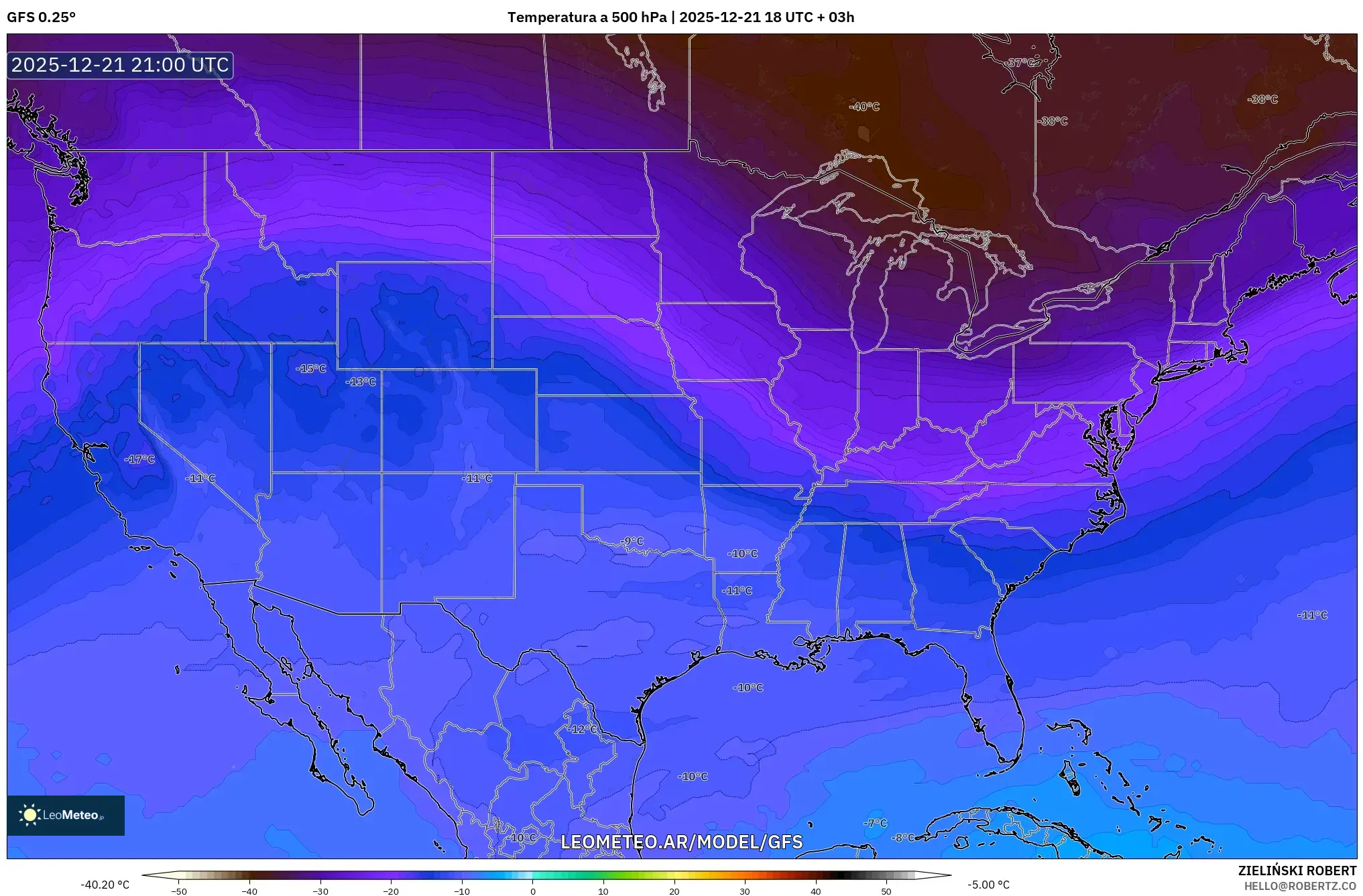 GFS model - Estados Unidos, Temperatura a 500 hPa