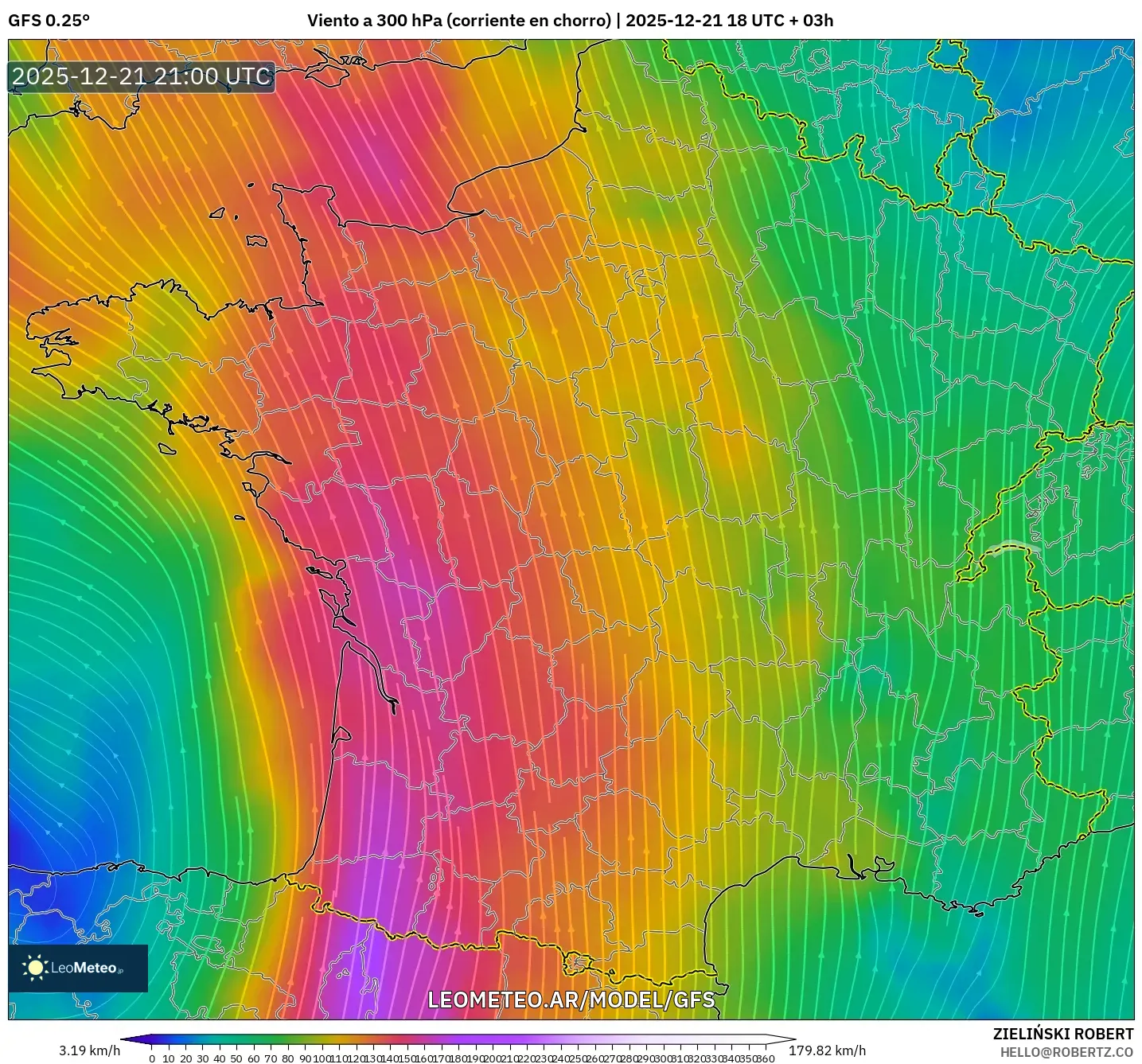 GFS model - Francia, Viento a 300 hPa (corriente en chorro)