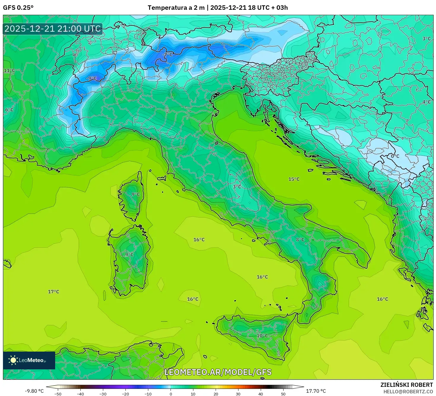 GFS model - Italia, Temperatura a 2 m