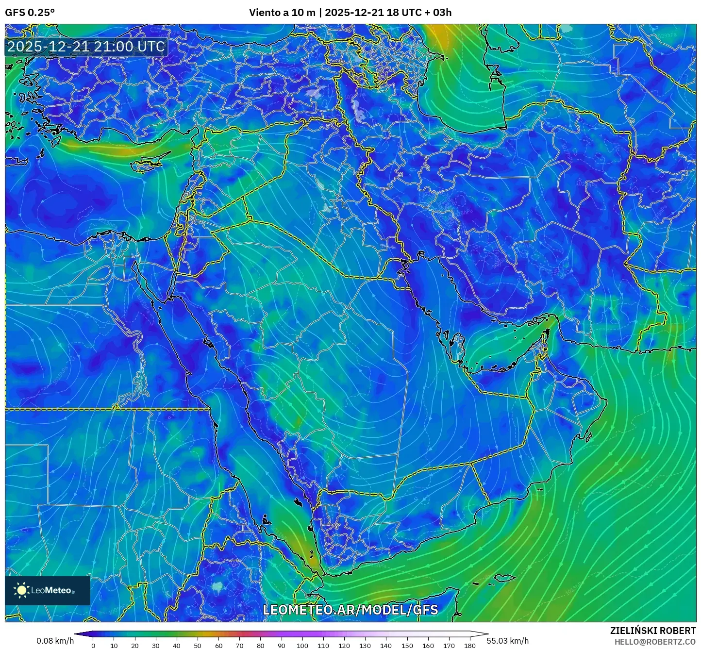 GFS model - Oriente Medio, Viento a 10 m
