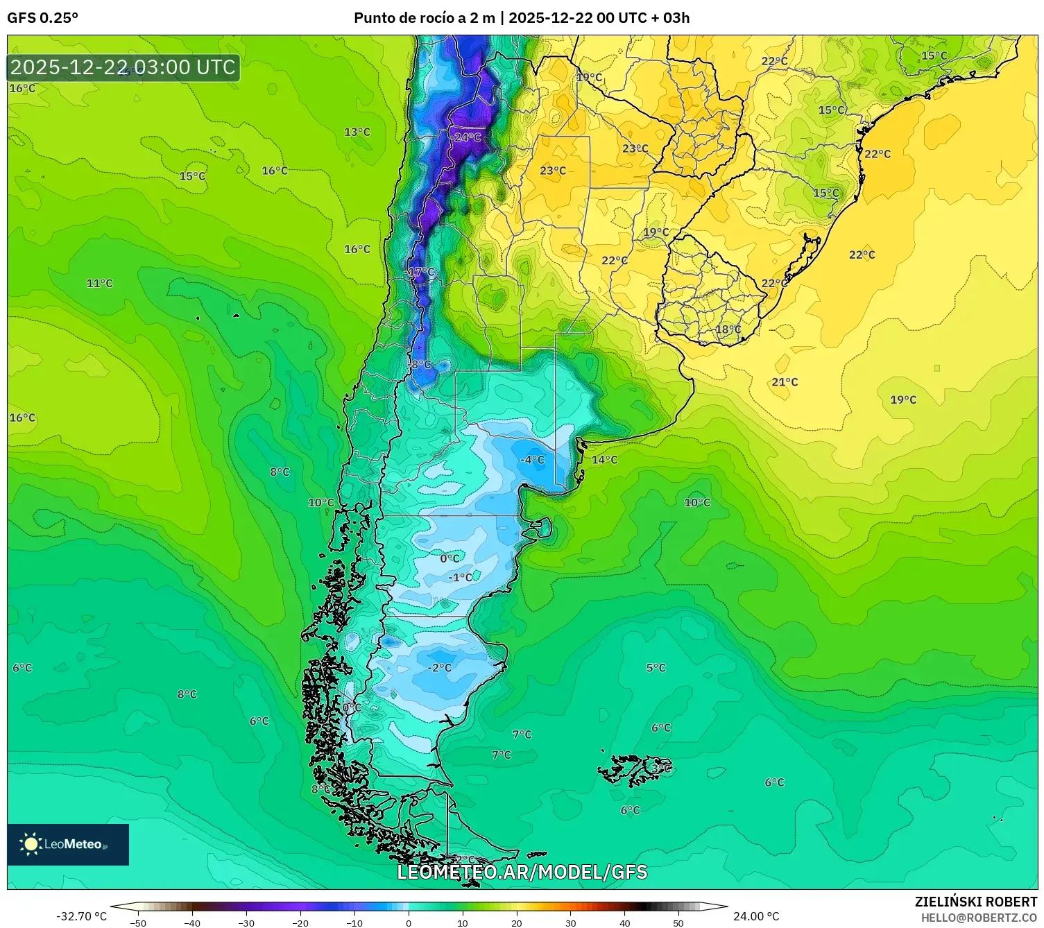 GFS model - Argentina, Punto de rocío a 2 m