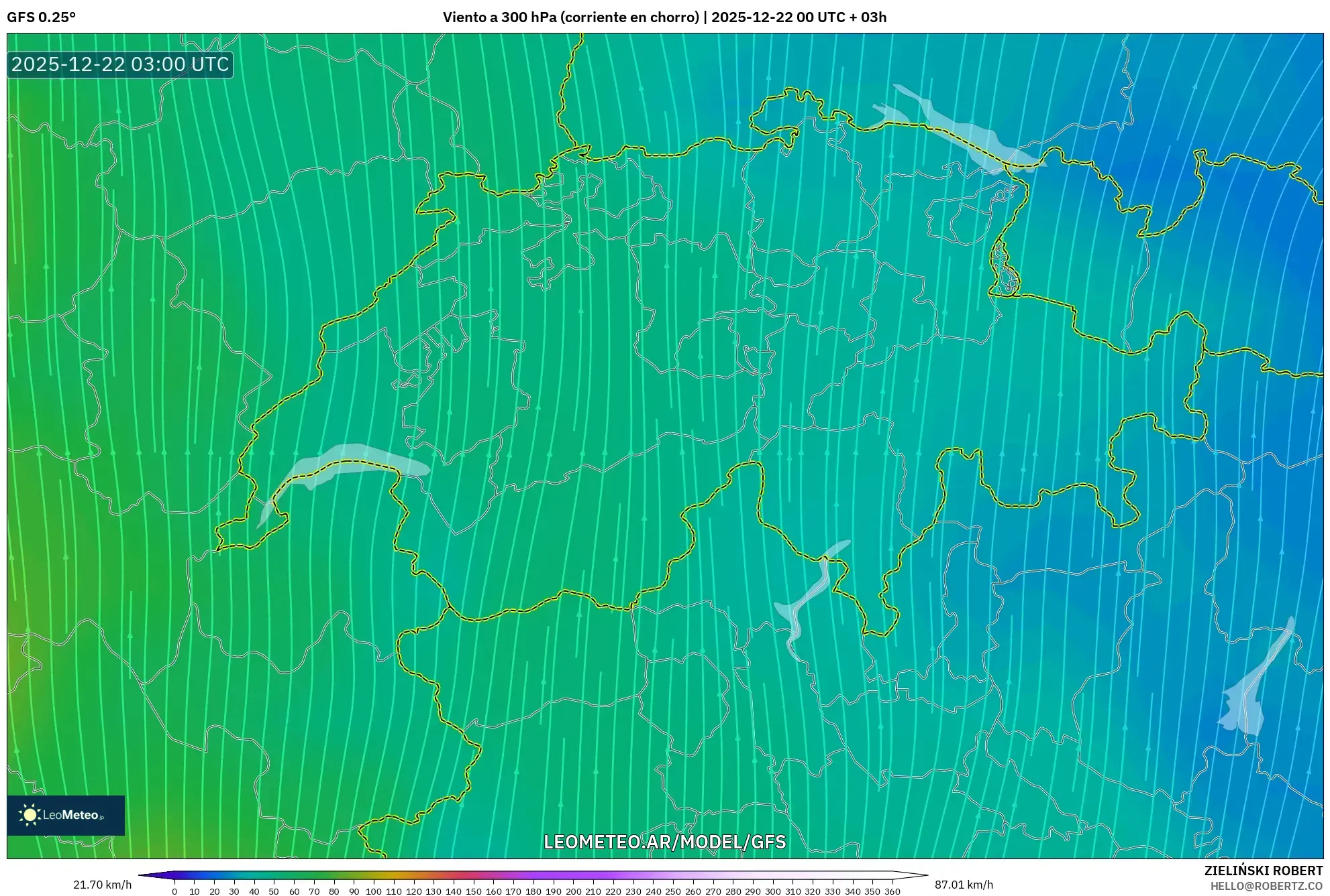 GFS model - Suiza, Viento a 300 hPa (corriente en chorro)