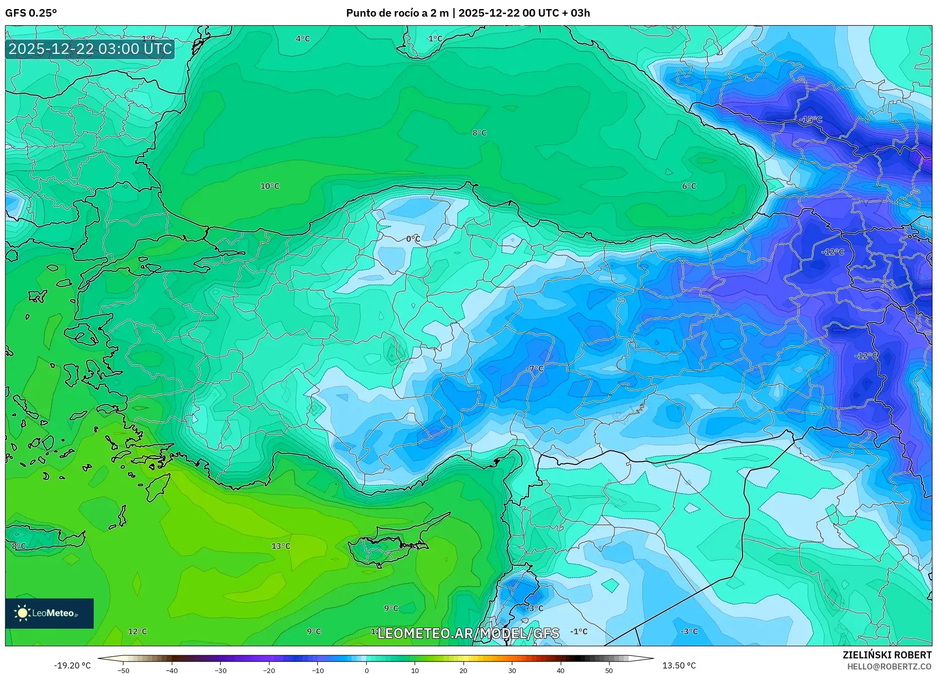 GFS model - Turquía, Punto de rocío a 2 m