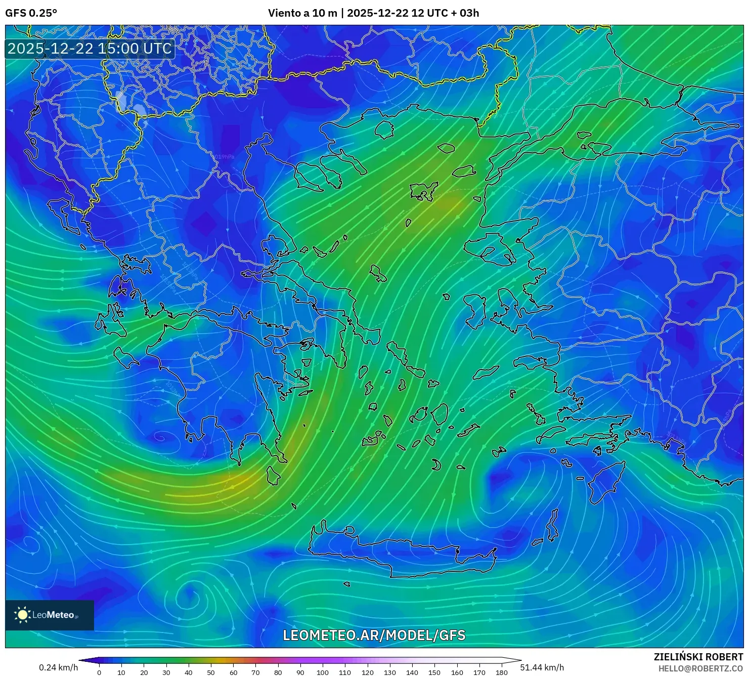 GFS model - Grecia, Viento a 10 m