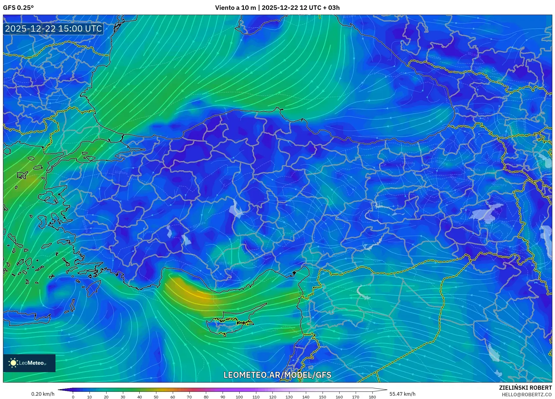GFS model - Turquía, Viento a 10 m