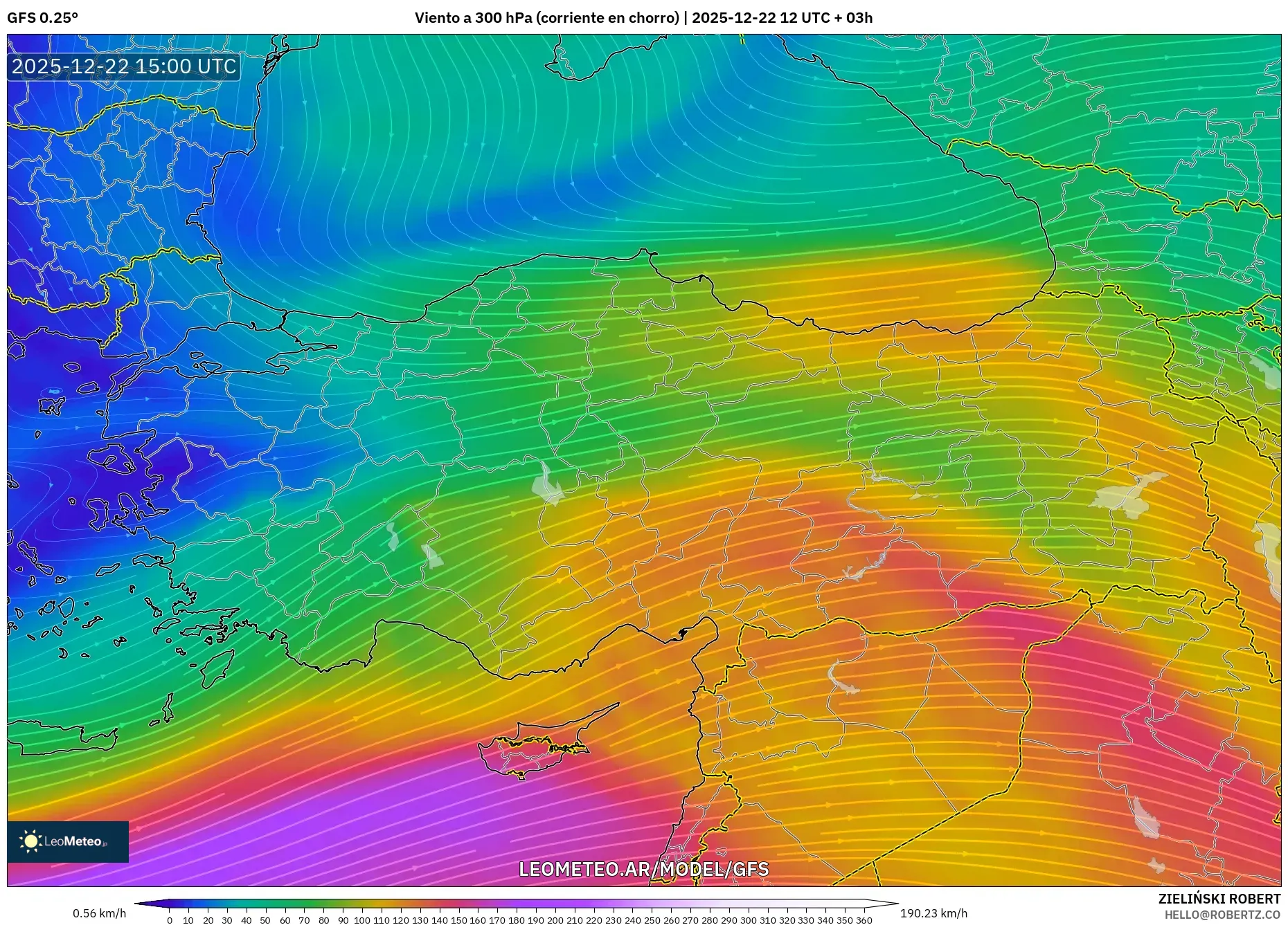 GFS model - Turquía, Viento a 300 hPa (corriente en chorro)