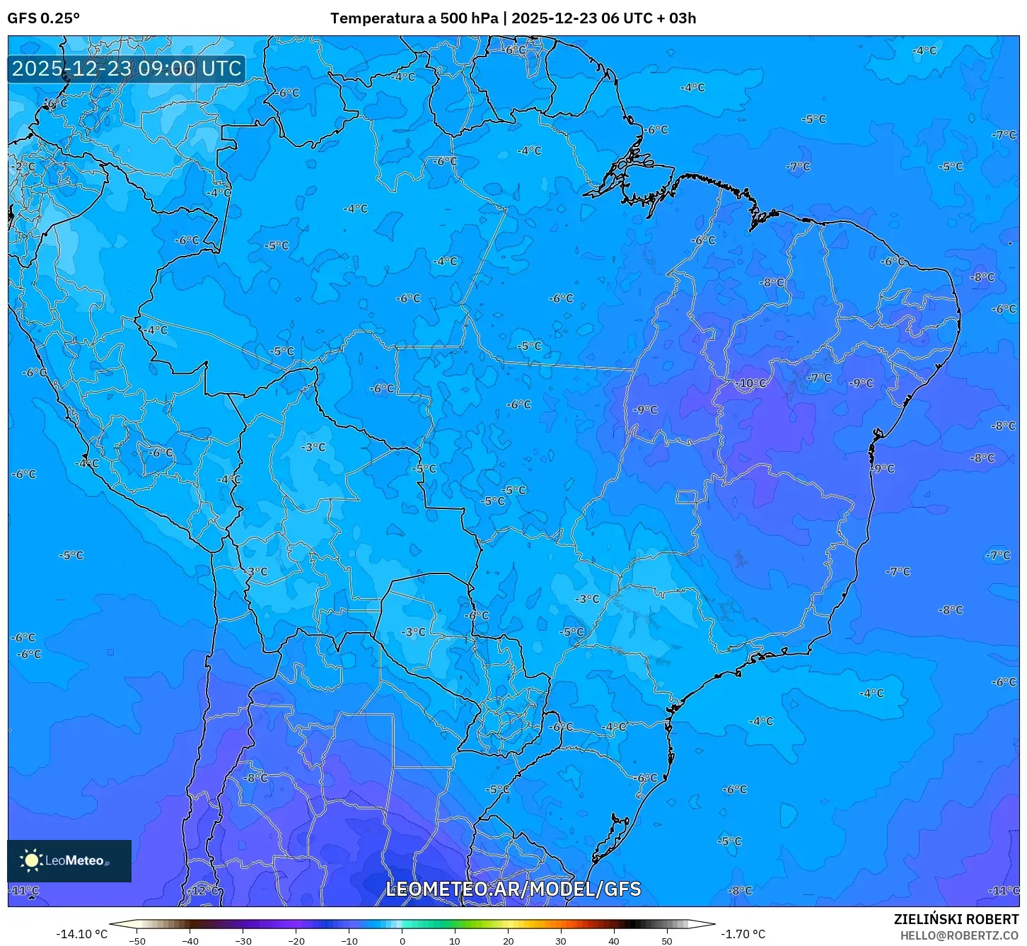 GFS model - Brasil, Temperatura a 500 hPa