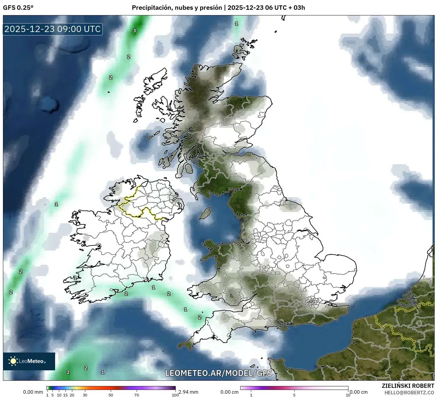 GFS model - Reino Unido, Precipitación, nubes y presión