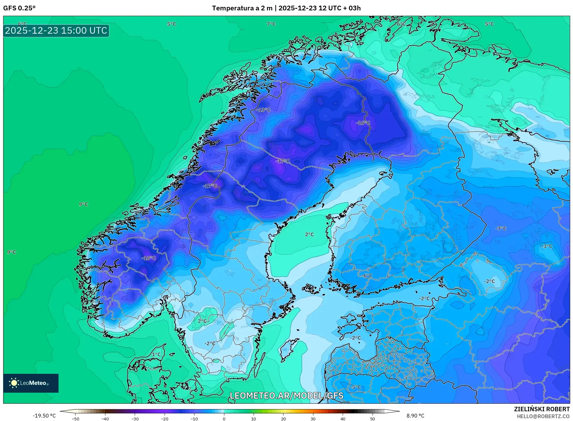 GFS model - Escandinavia, Temperatura a 2 m