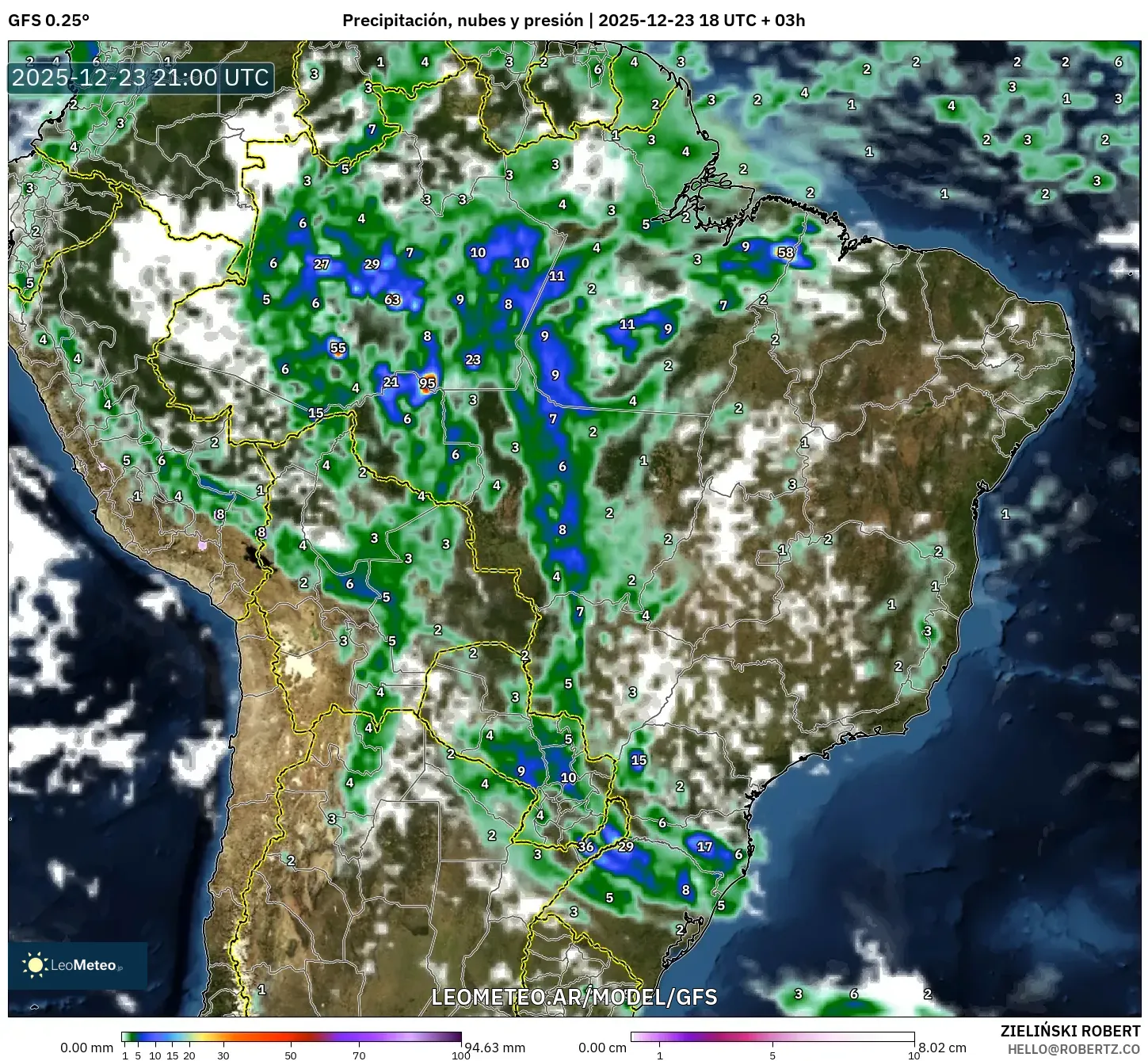 GFS model - Brasil, Precipitación, nubes y presión