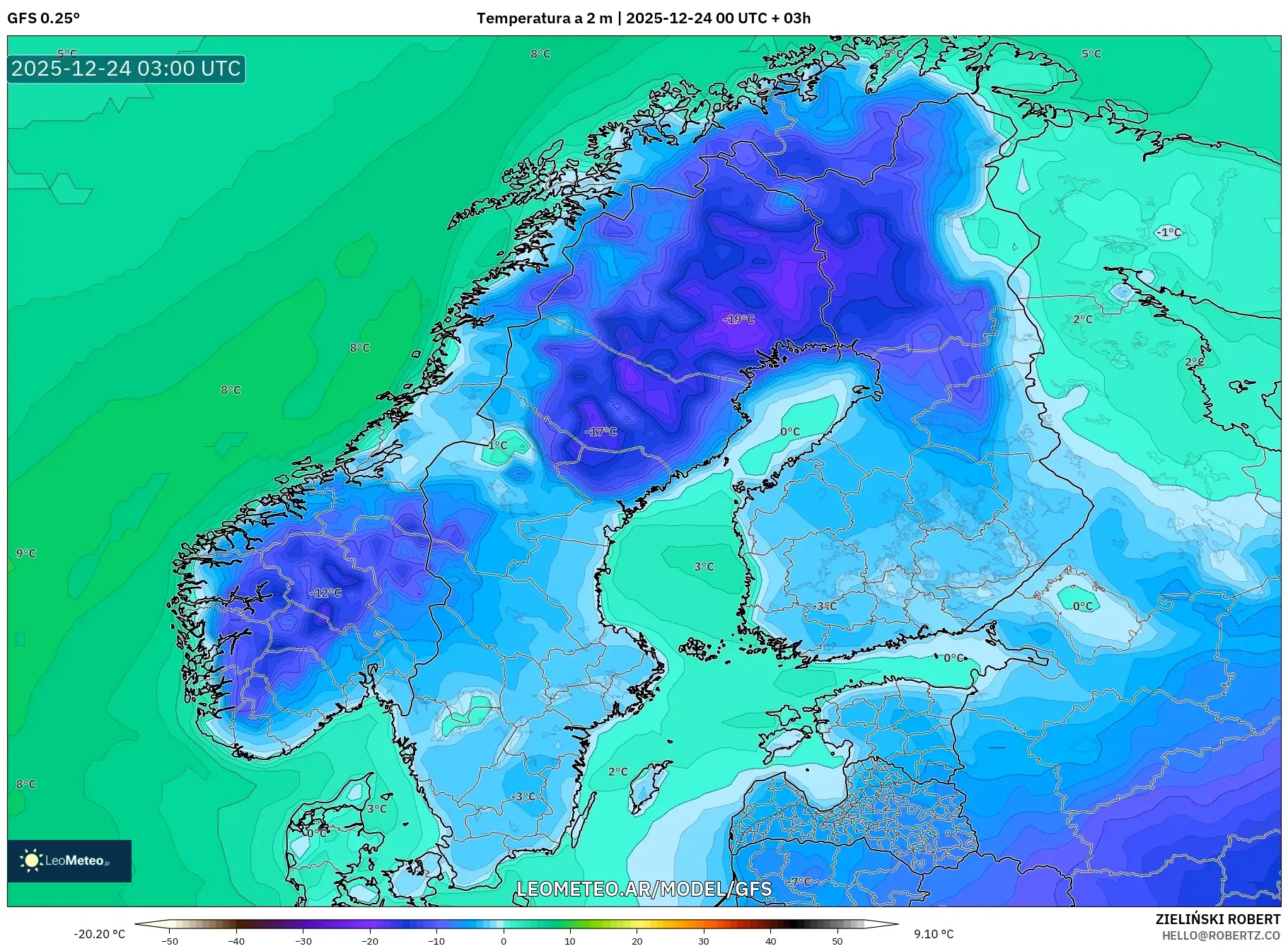 GFS model - Escandinavia, Temperatura a 2 m