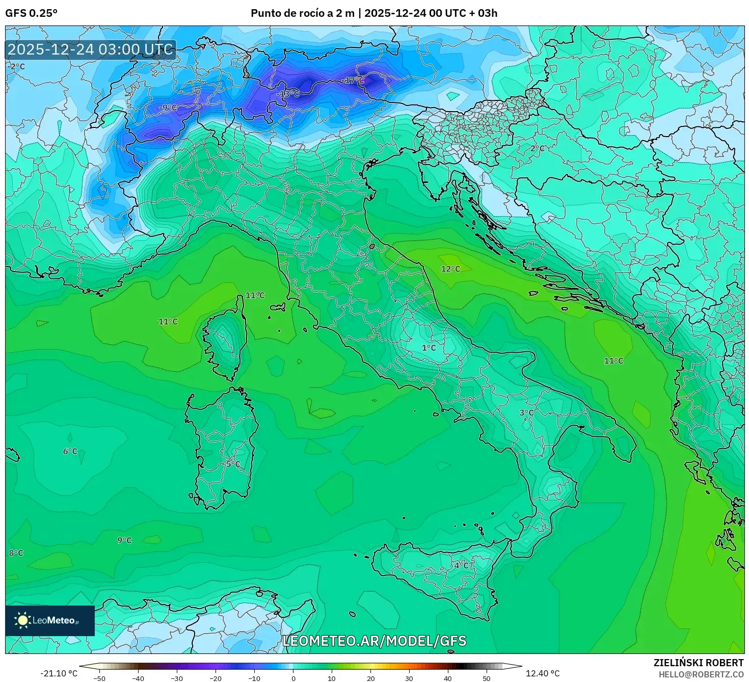GFS model - Italia, Punto de rocío a 2 m