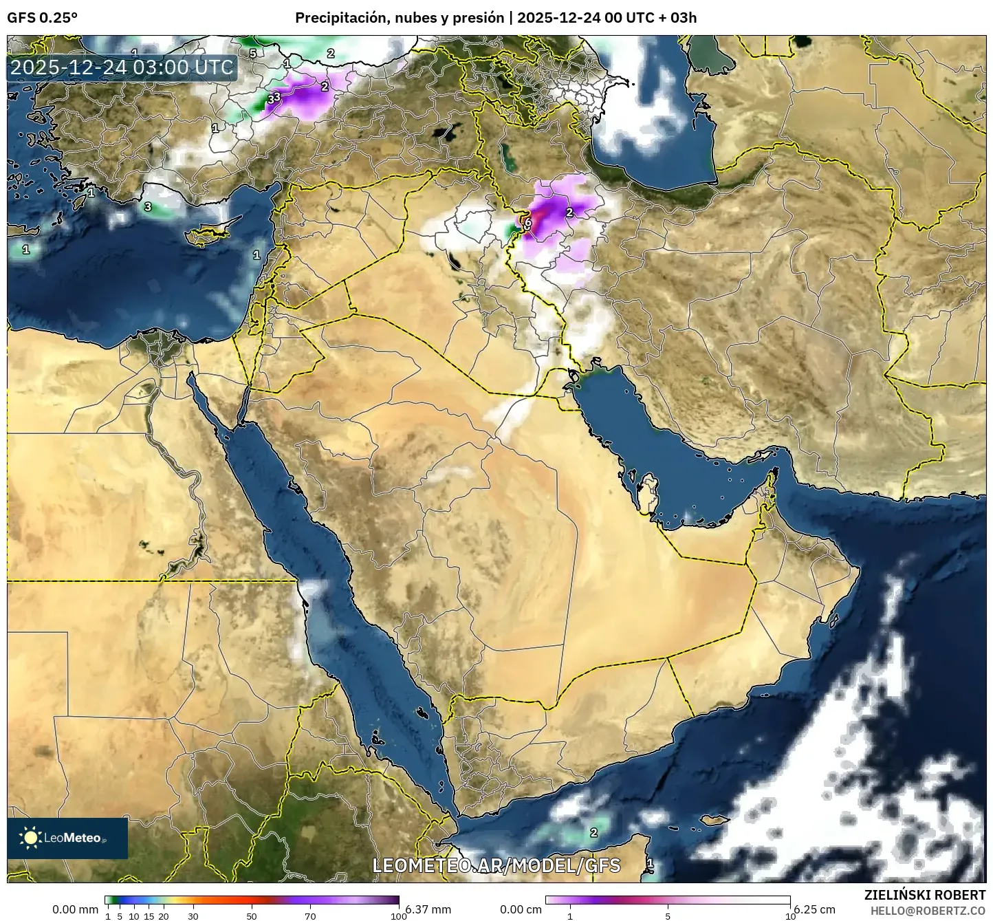 GFS model - Oriente Medio, Precipitación, nubes y presión