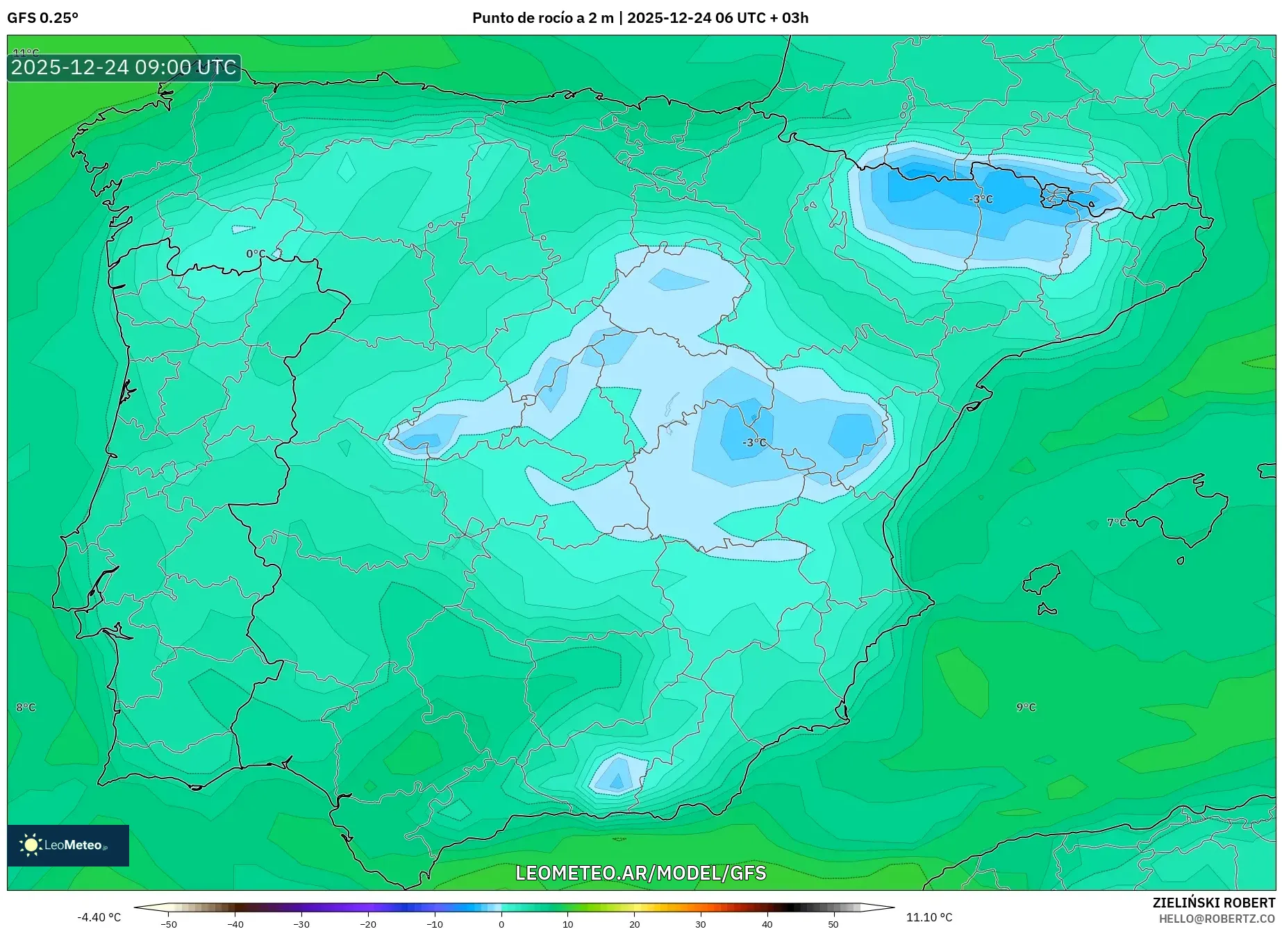 GFS model - España, Punto de rocío a 2 m