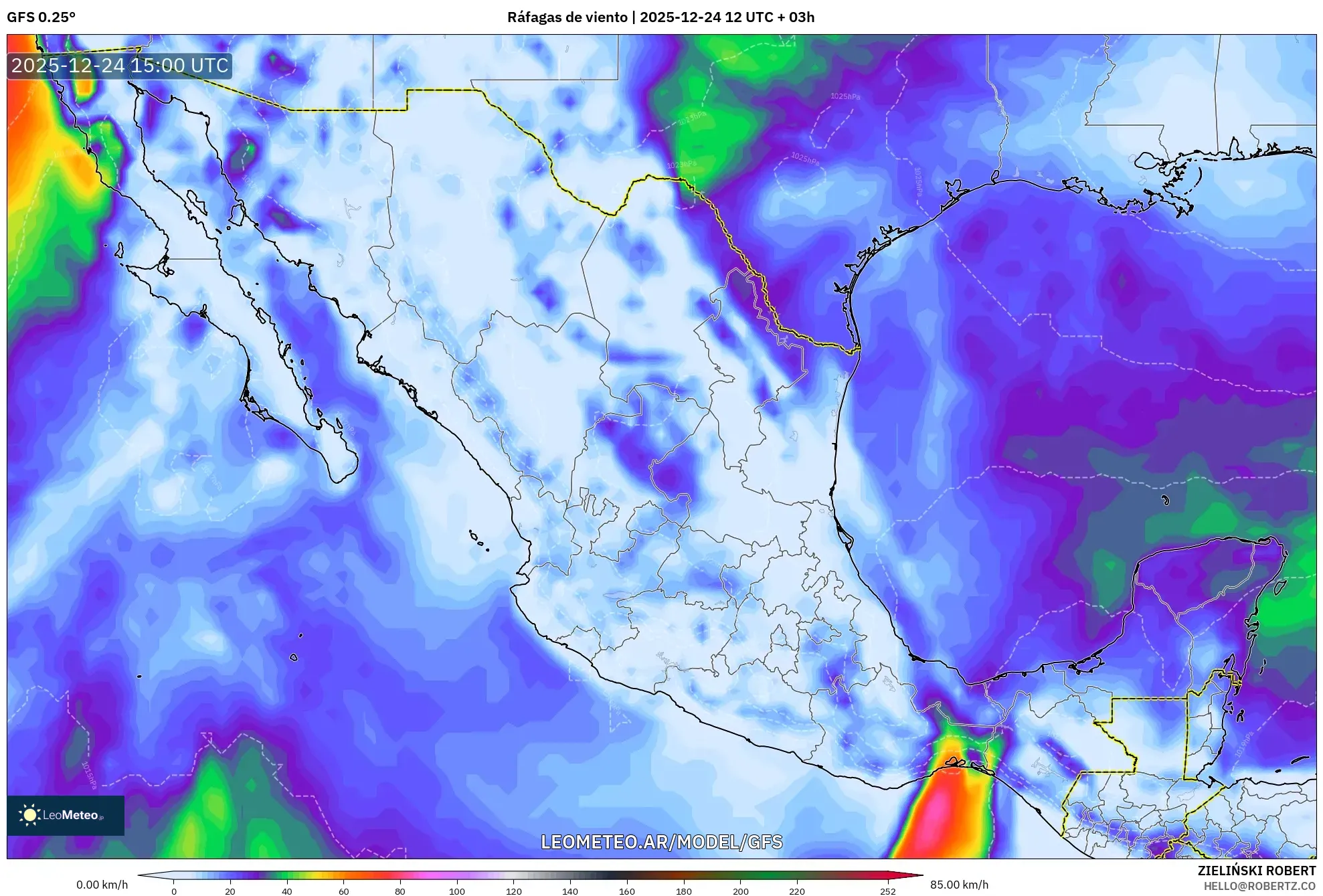 GFS model - México, Ráfagas de viento