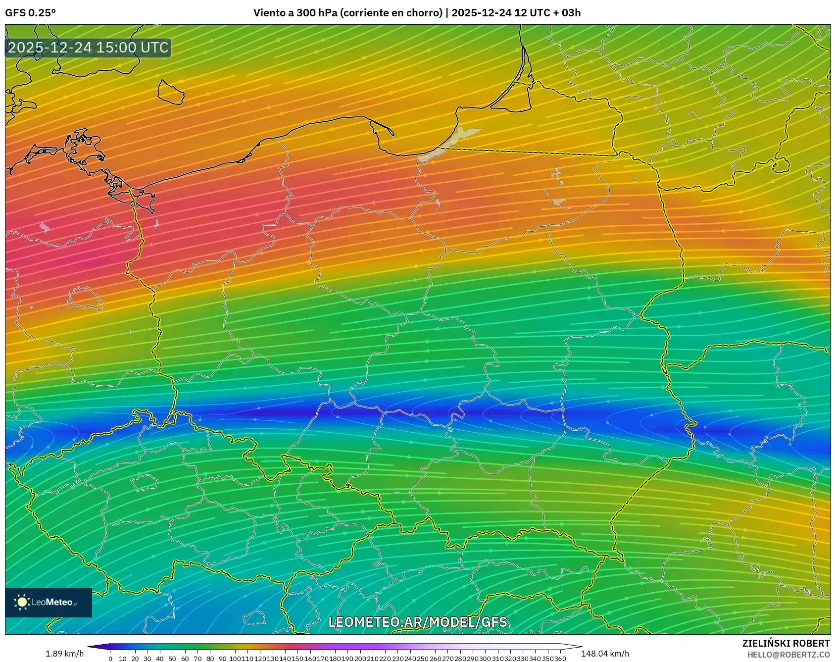 GFS model - Polonia, Viento a 300 hPa (corriente en chorro)