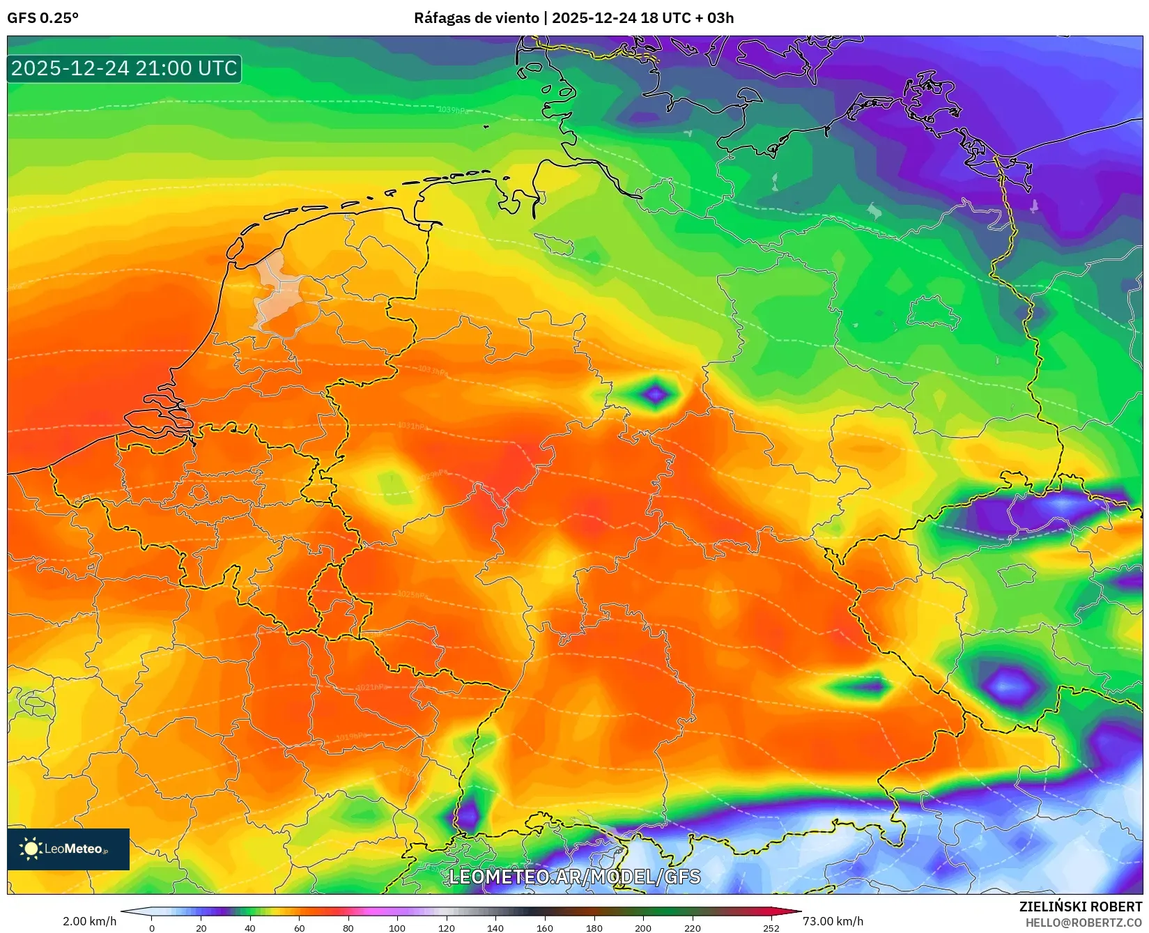 GFS model - Niemcy, Porywy wiatru