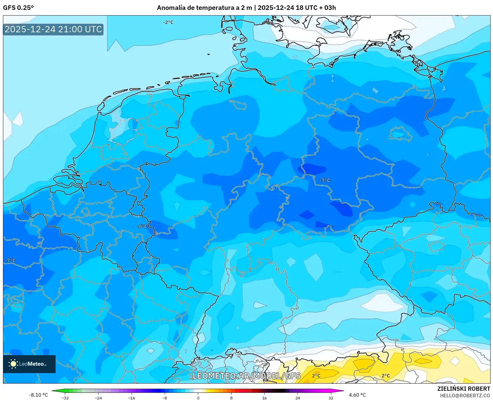 GFS model - Niemcy, Anomalia temperatury na 2 m