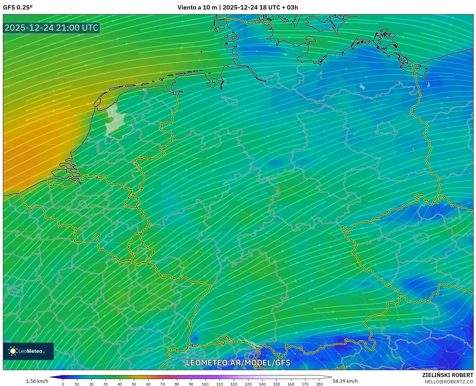 GFS model - Niemcy, Wiatr na 10 m