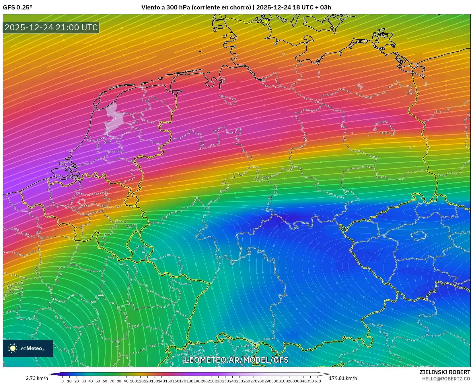 GFS model - Niemcy, Wiatr na 300 hPa (prąd strumieniowy)
