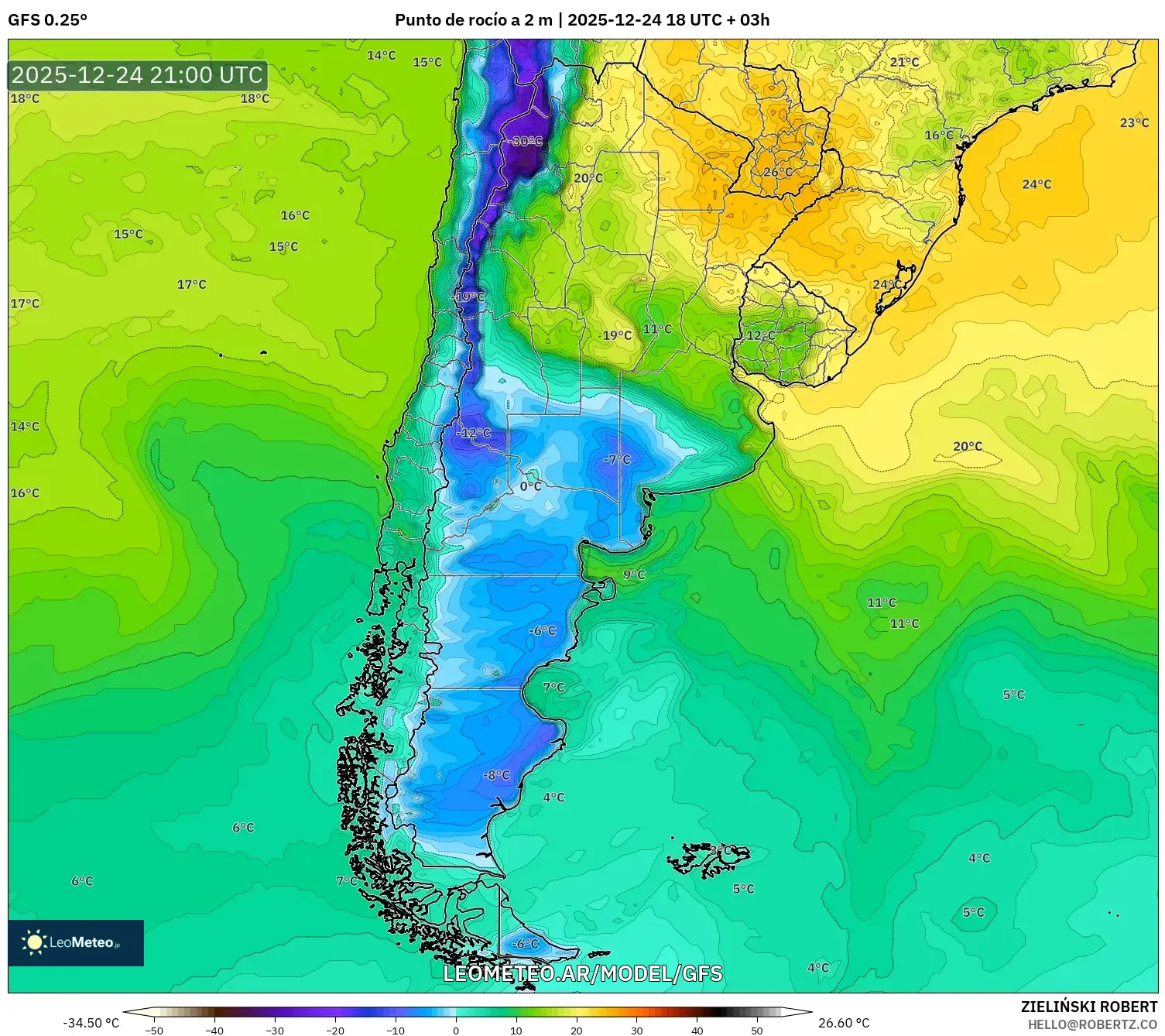 GFS model - Argentyna, Punkt rosy na 2 m