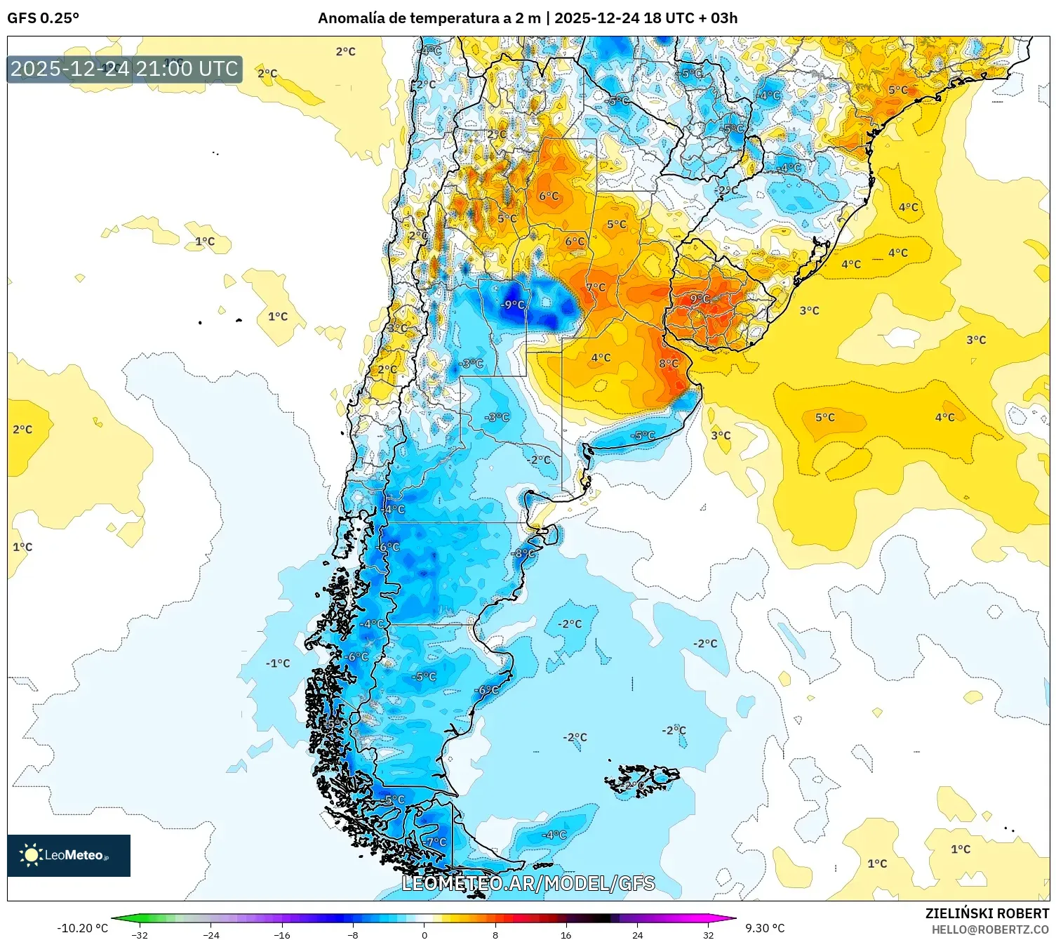 GFS model - Argentyna, Anomalia temperatury na 2 m