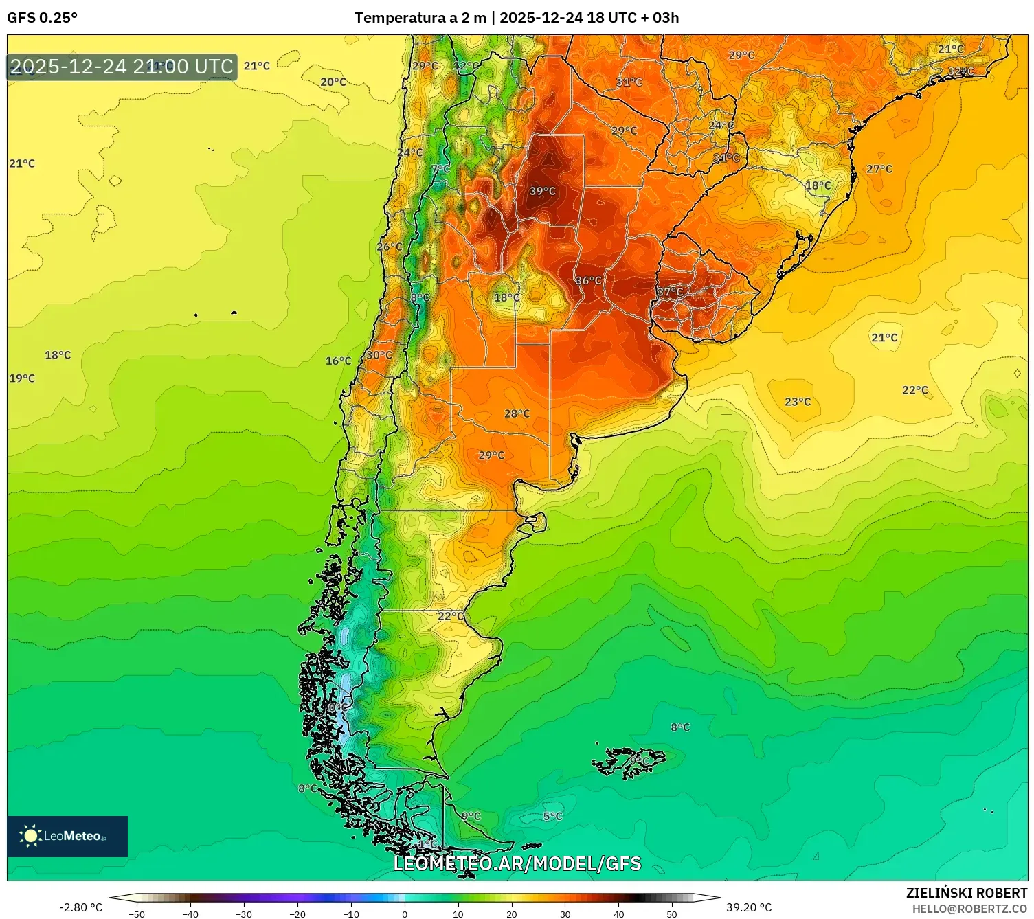 GFS model - Argentyna, Temperatura na 2 m