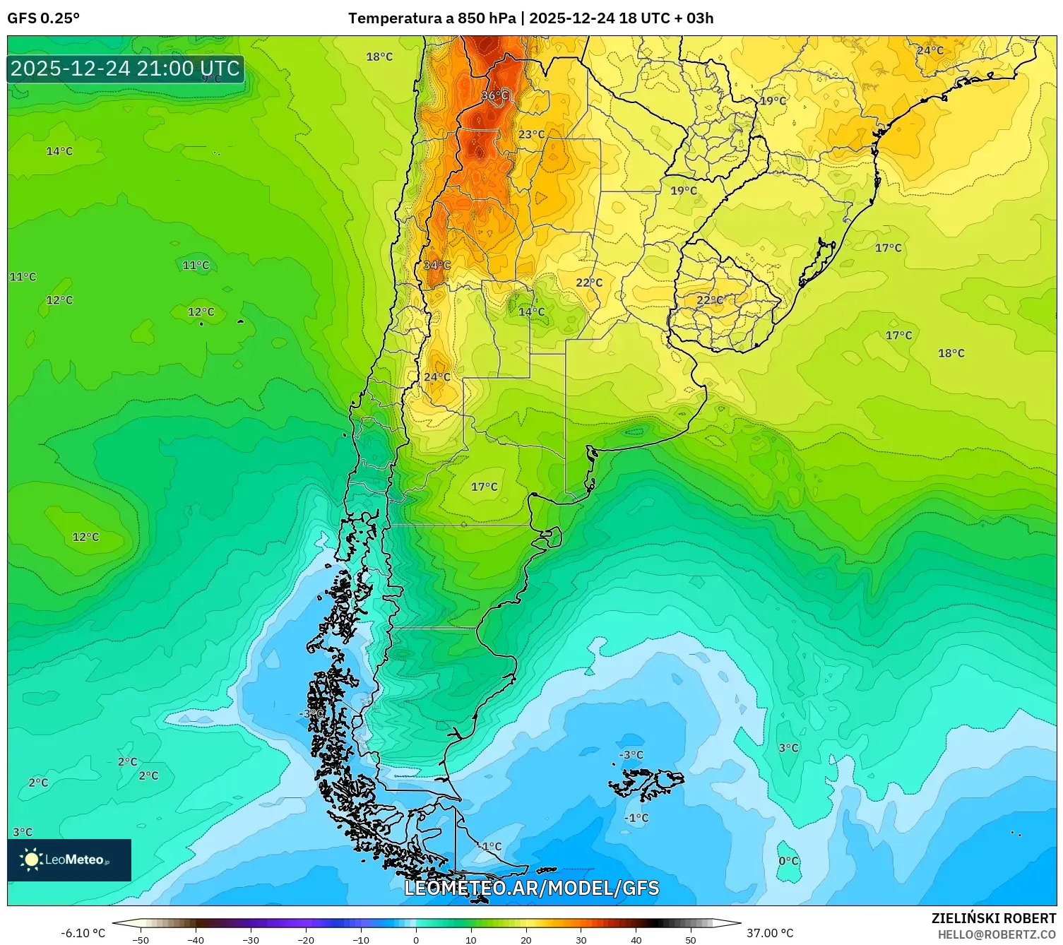 GFS model - Argentyna, Temperatura na 850 hPa