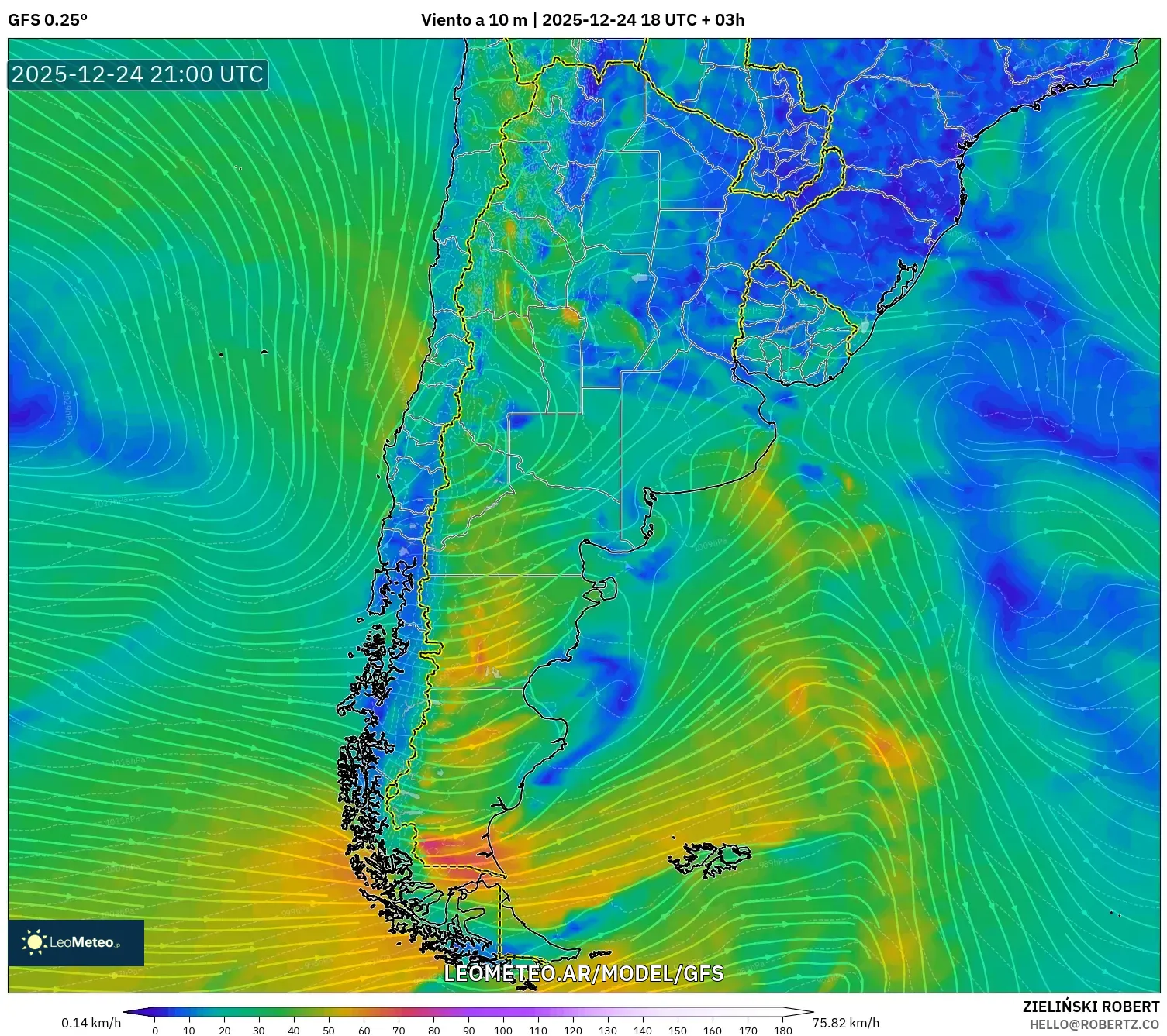 GFS model - Argentyna, Wiatr na 10 m