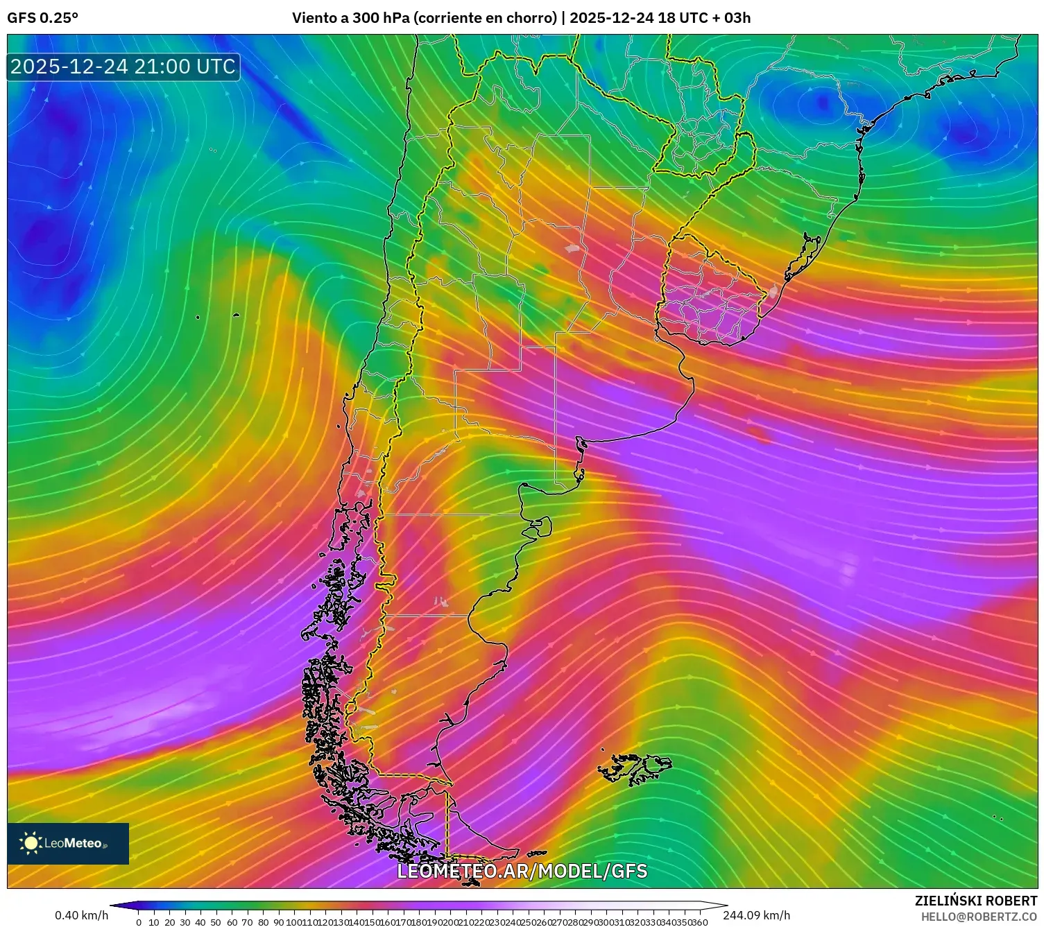 GFS model - Argentyna, Wiatr na 300 hPa (prąd strumieniowy)