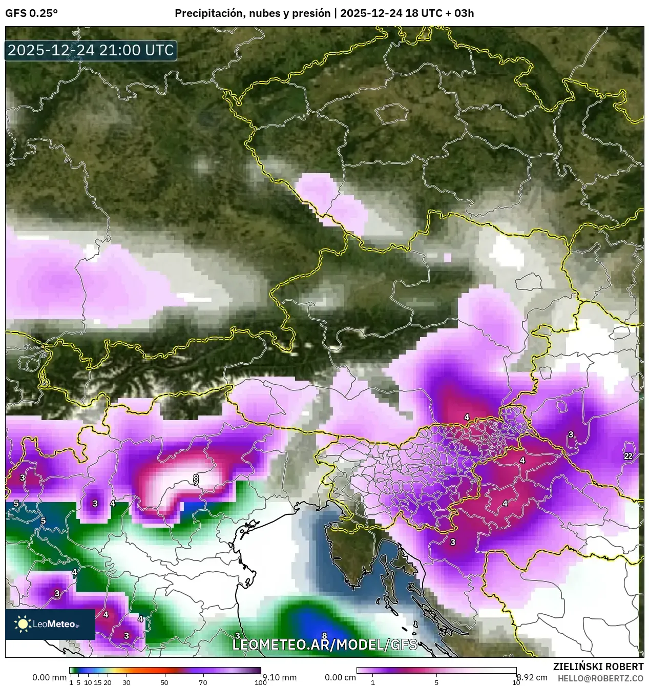 GFS model - Austria, Opady, chmury i ciśnienie