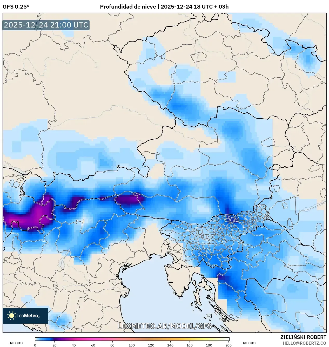 GFS model - Austria, Pokrywa śnieżna
