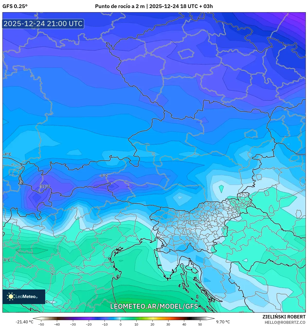 GFS model - Austria, Punkt rosy na 2 m