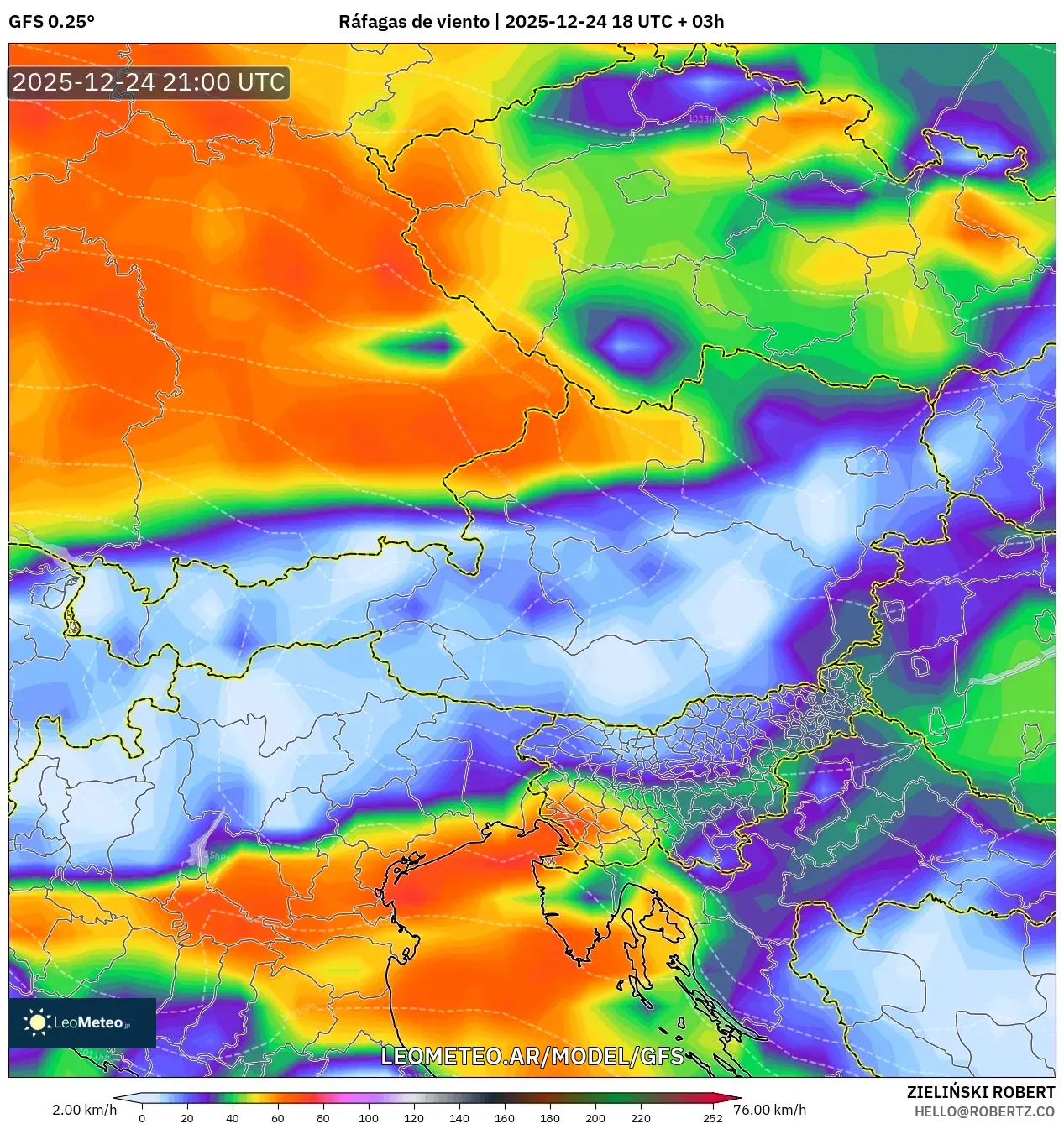 GFS model - Austria, Porywy wiatru