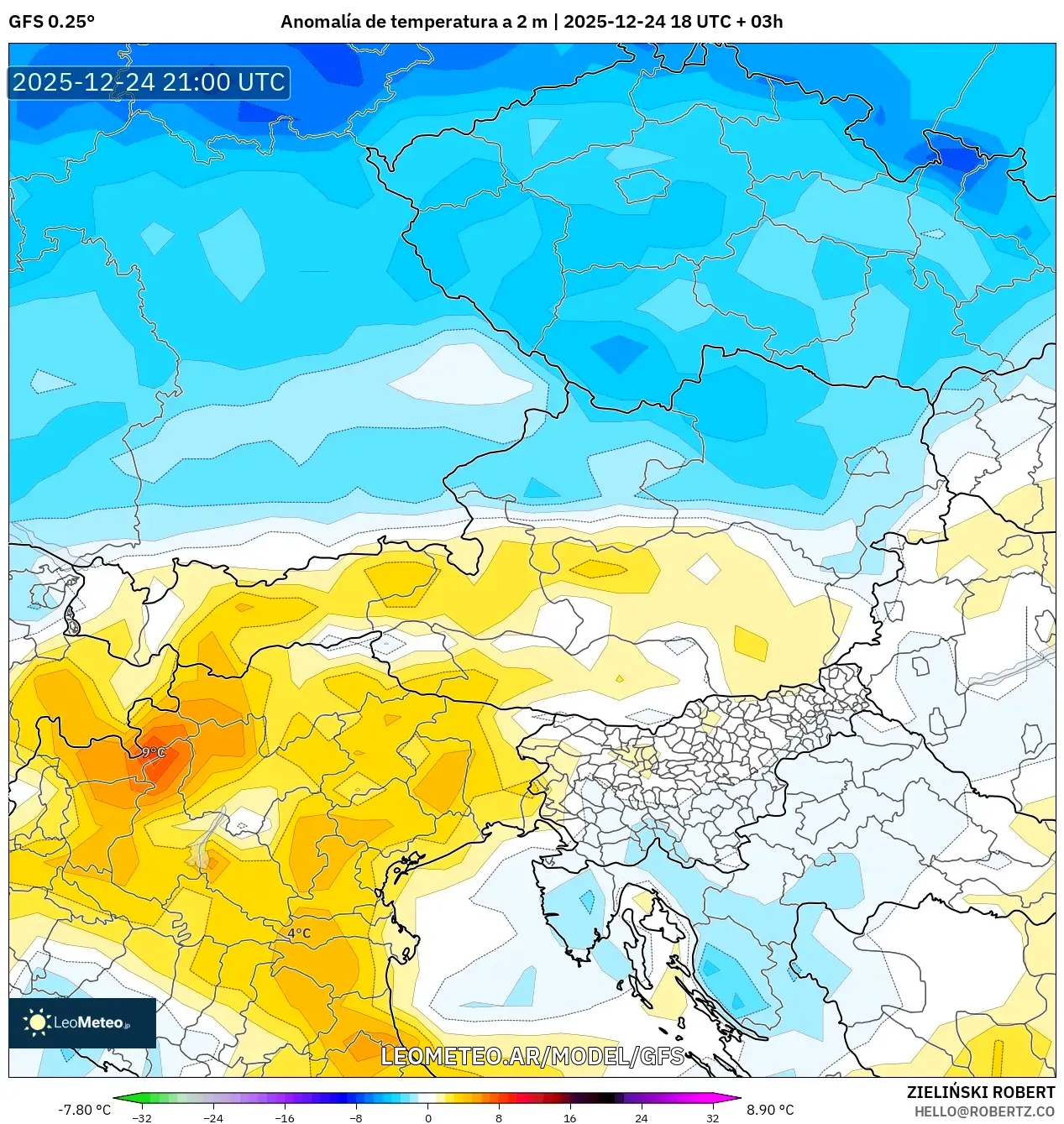 GFS model - Austria, Anomalia temperatury na 2 m