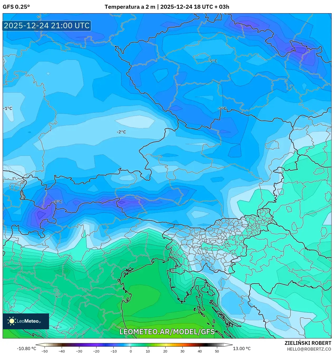 GFS model - Austria, Temperatura na 2 m