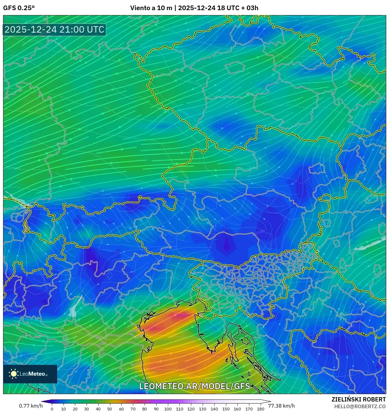 GFS model - Austria, Wiatr na 10 m