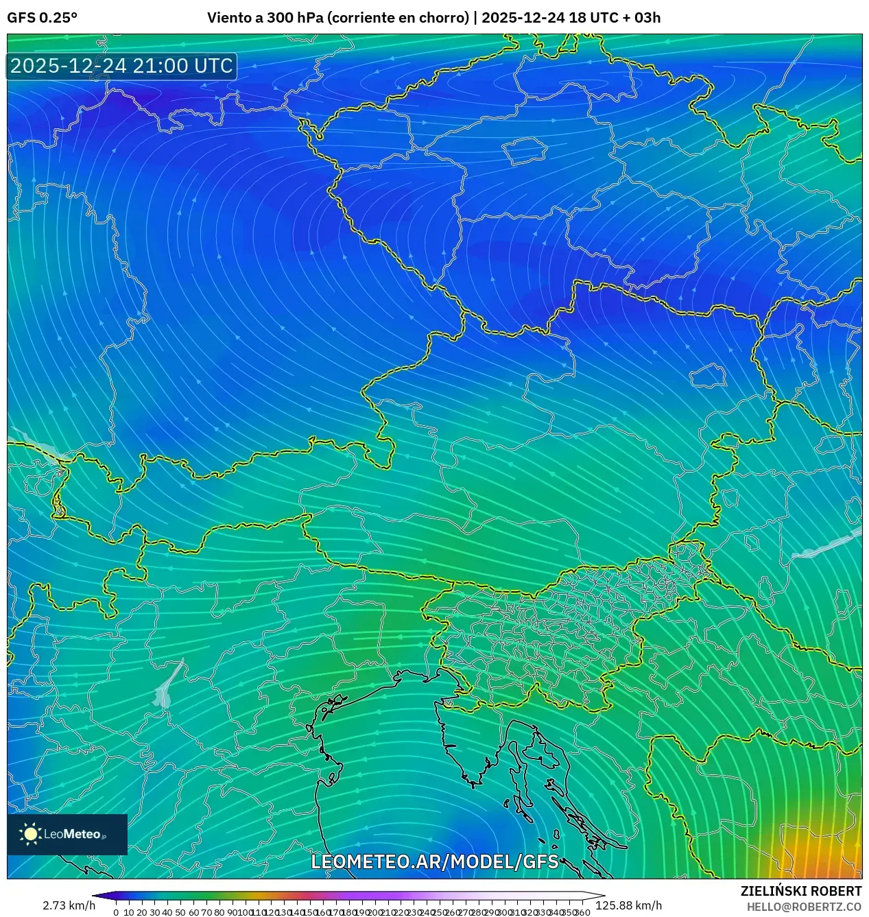 GFS model - Austria, Wiatr na 300 hPa (prąd strumieniowy)