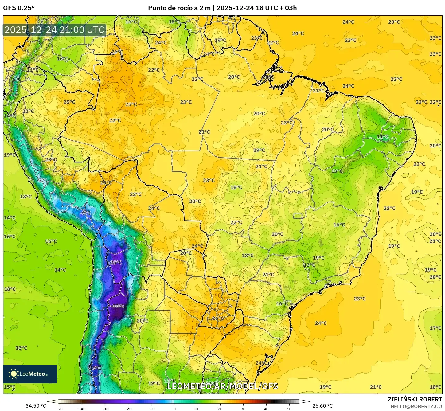 GFS model - Brazylia, Punkt rosy na 2 m
