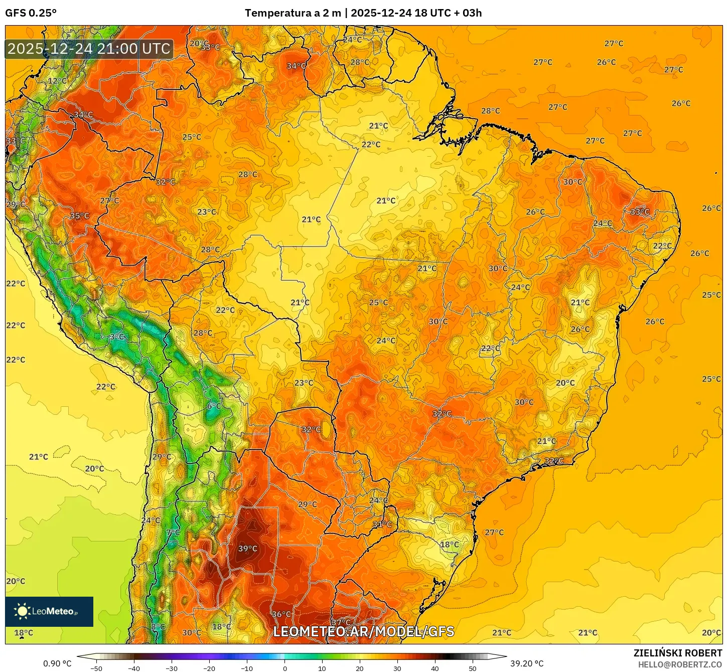 GFS model - Brazylia, Temperatura na 2 m