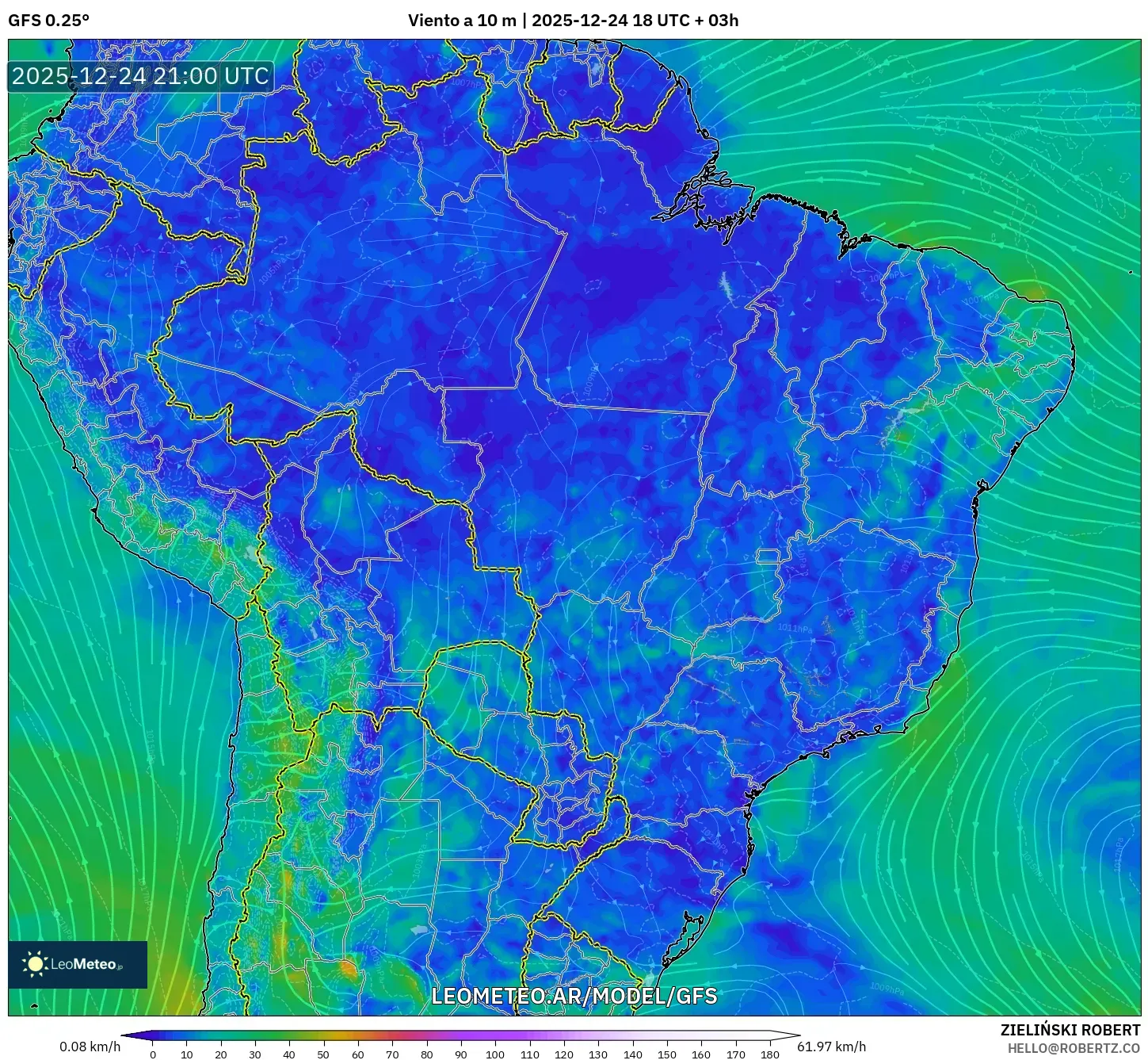 GFS model - Brazylia, Wiatr na 10 m