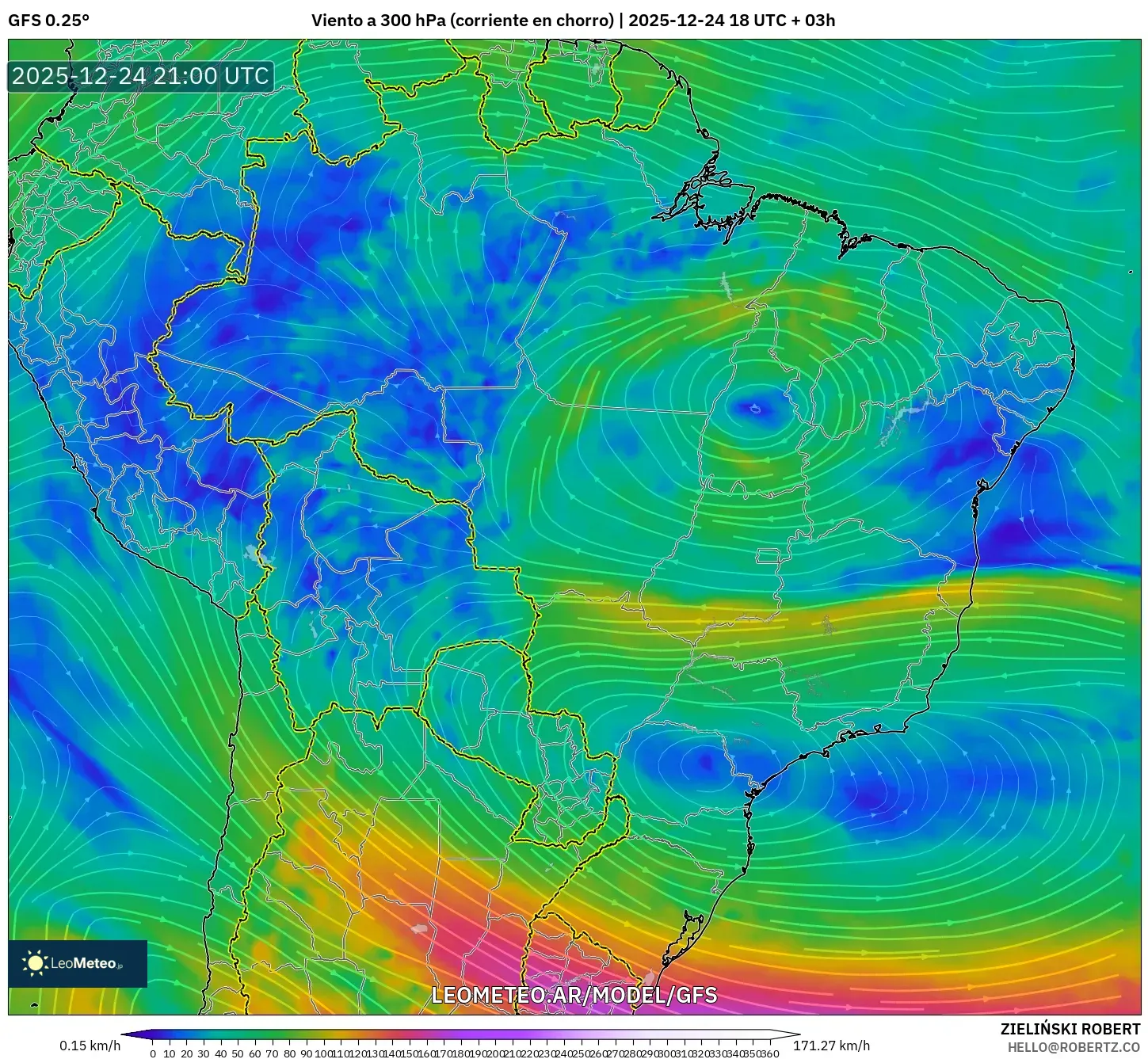 GFS model - Brazylia, Wiatr na 300 hPa (prąd strumieniowy)